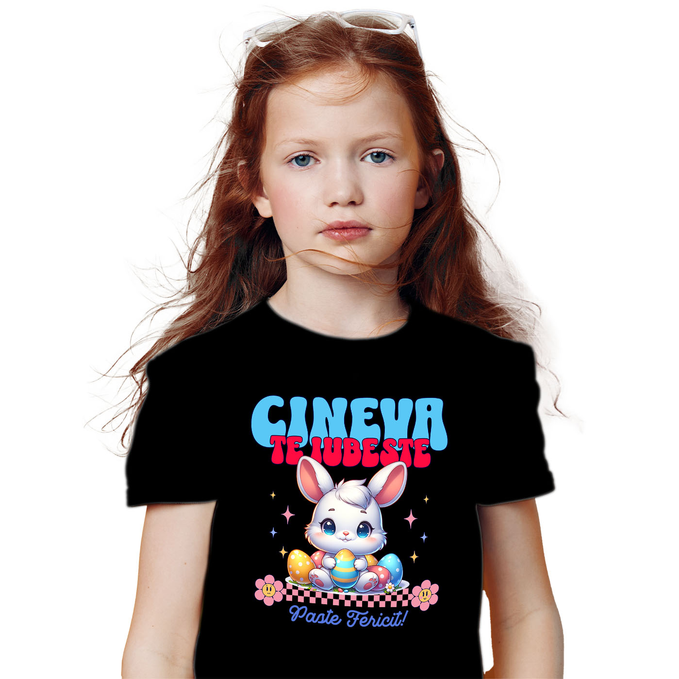 Tricou Femei, Barbati, Copii, Fata, Baiat, Unisex Personalizat "Iepure Alb cu Ochii Albastri și Oua Colorate – Paște Fericit și Dragoste în Sărbători" [1]