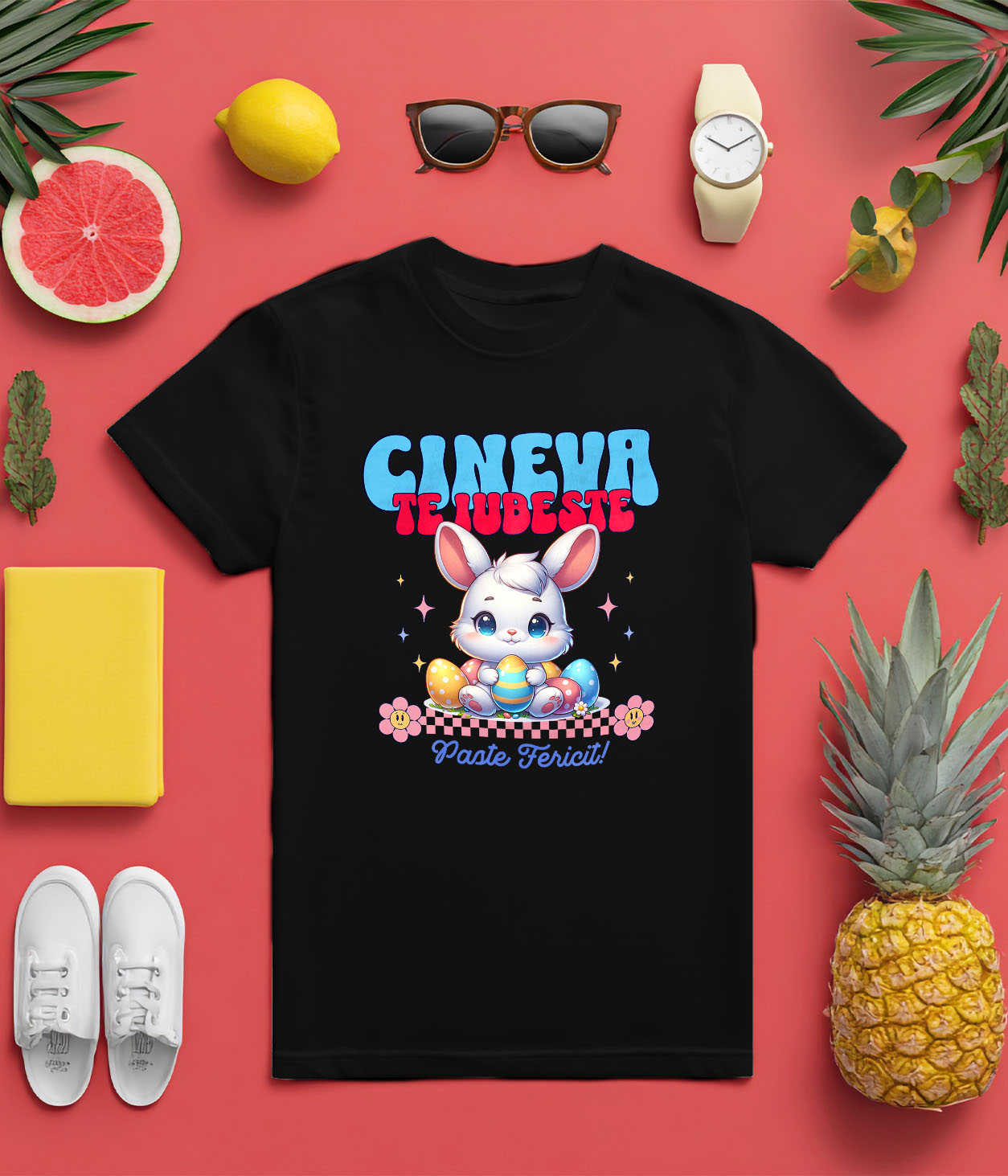 Tricou Femei, Barbati, Copii, Fata, Baiat, Unisex Personalizat "Iepure Alb cu Ochii Albastri și Oua Colorate – Paște Fericit și Dragoste în Sărbători" [4]