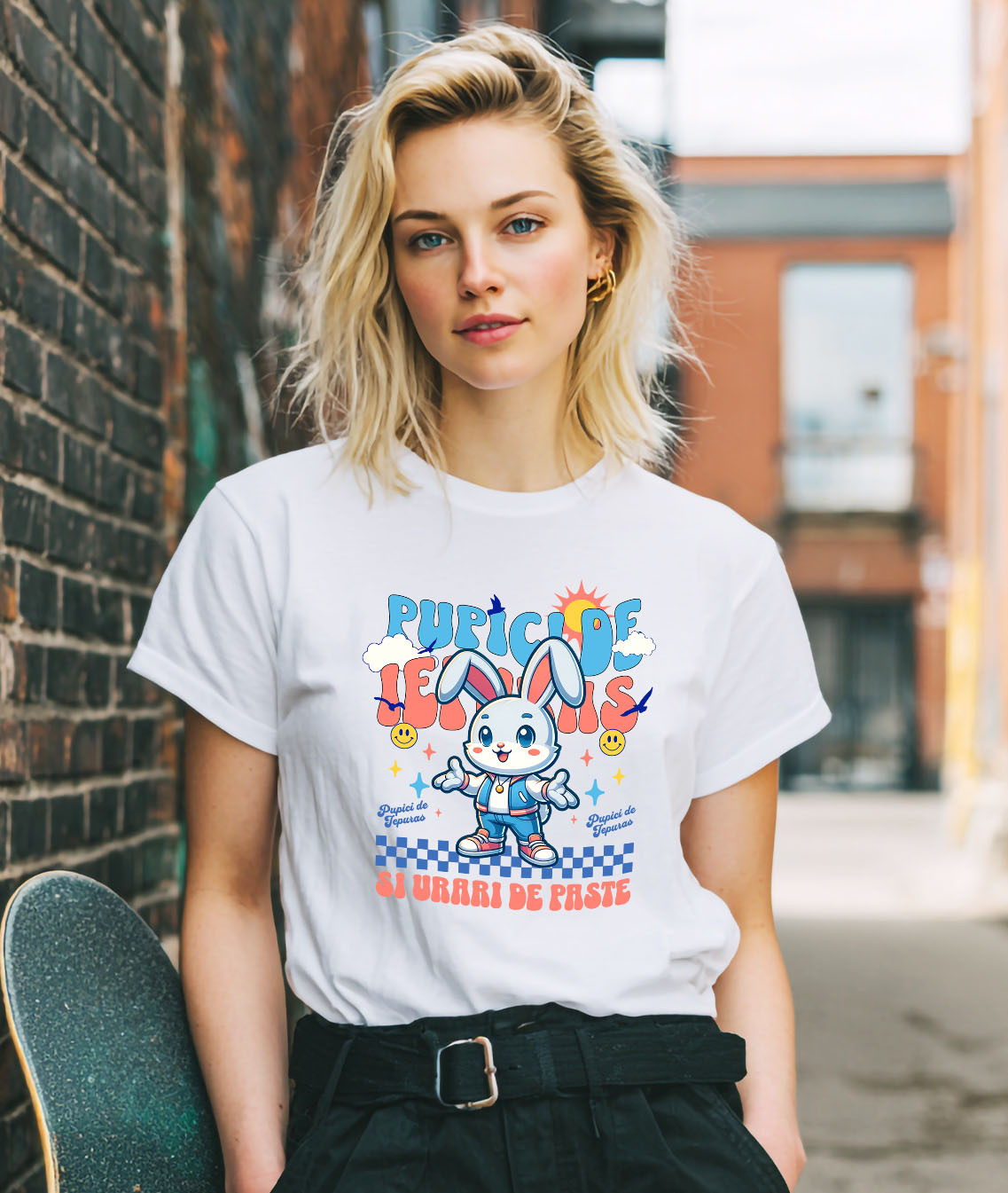 Tricou Femei, Barbati, Copii, Fata, Baiat, Unisex Personalizat "Iepure Alb cu Urechi Lungi și Îmbrăcăminte Modernă – Pupici și Urări de Paște Fericit" [1]