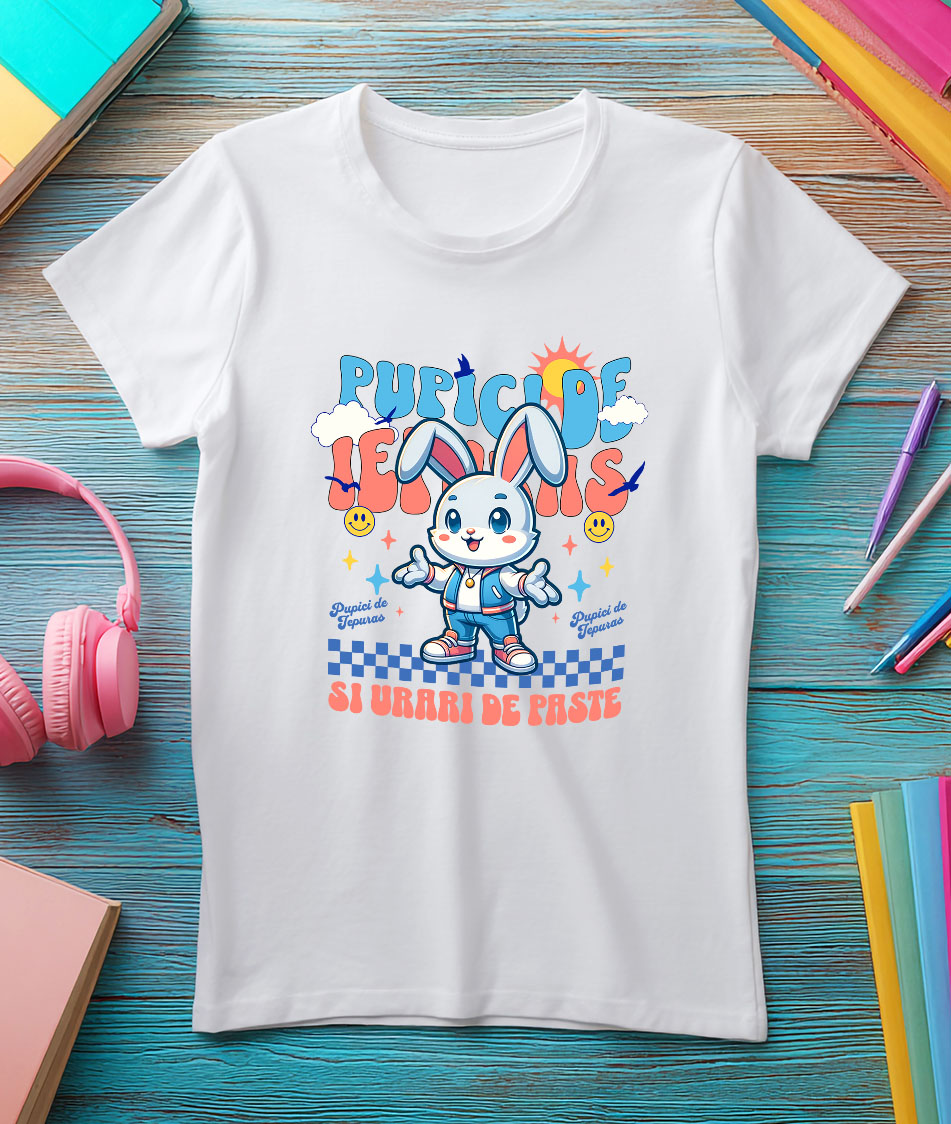 Tricou Femei, Barbati, Copii, Fata, Baiat, Unisex Personalizat "Iepure Alb cu Urechi Lungi și Îmbrăcăminte Modernă – Pupici și Urări de Paște Fericit" [2]