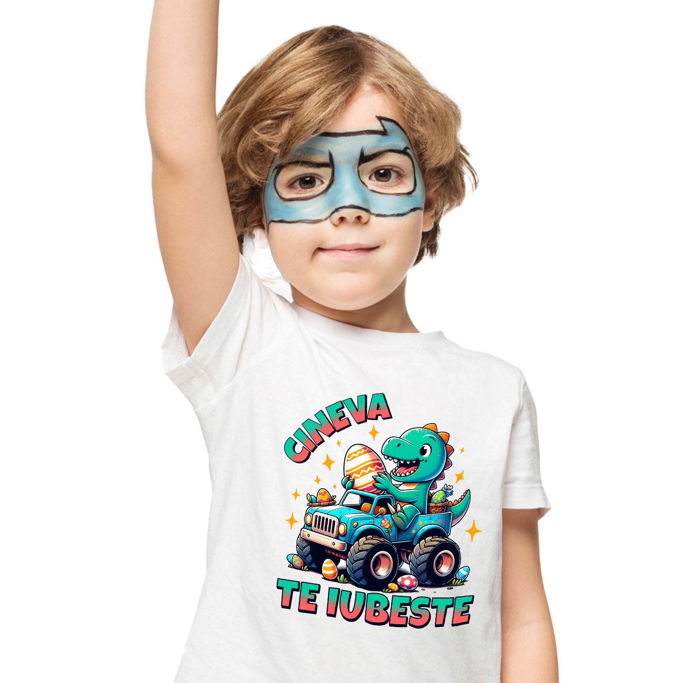 Tricou Femei, Barbati, Copii, Fata, Baiat, Unisex Personalizat "Dinozaur Vesel în Mașină de Teren cu Oua Colorate – Cineva te Iubește, Cadou Paște" [1]