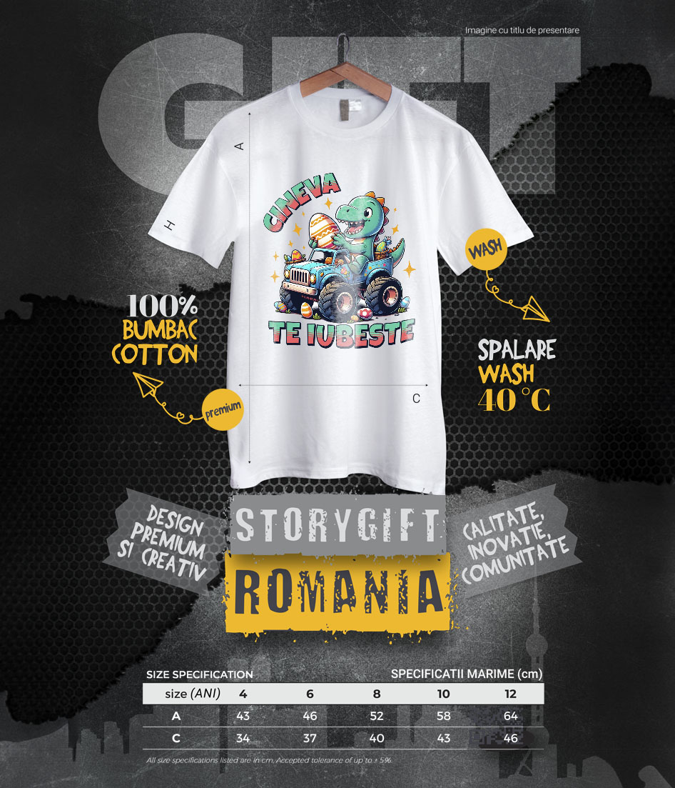 Tricou Femei, Barbati, Copii, Fata, Baiat, Unisex Personalizat "Dinozaur Vesel în Mașină de Teren cu Oua Colorate – Cineva te Iubește, Cadou Paște" [5]