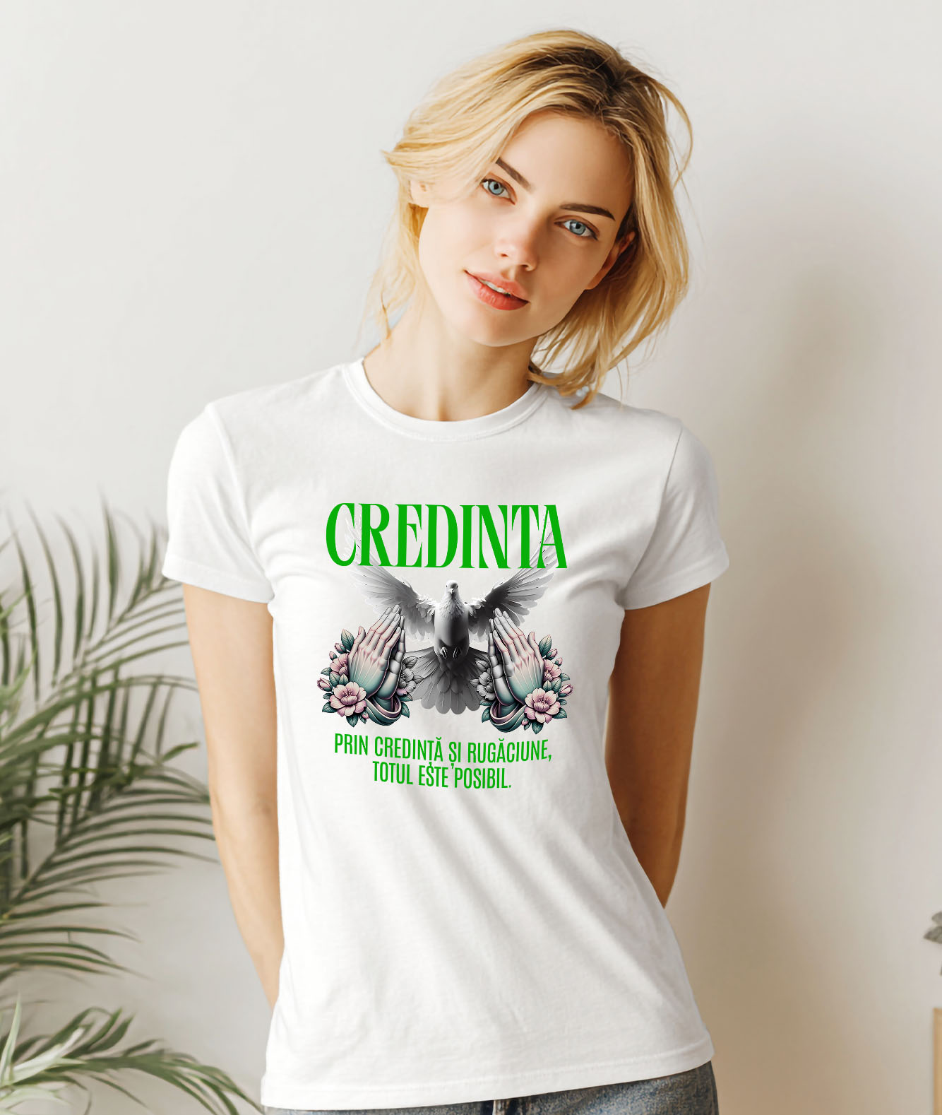 Tricou Femei, Barbati, Copii, Fata, Baiat, Unisex Personalizat "Porumbel Alb – Puritate, Credință și Rugăciune | Totul Este Posibil" [1]