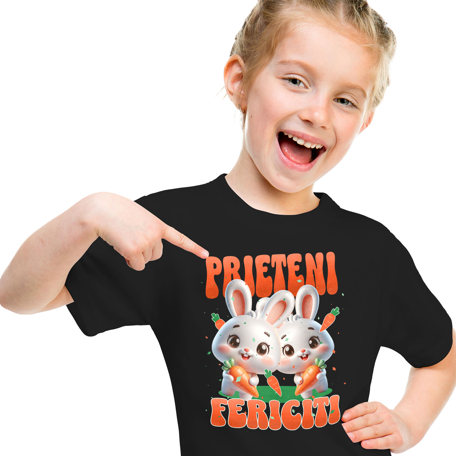 Tricou Femei, Barbati, Copii, Fata, Baiat, Unisex Personalizat "Iepuri Albi cu Morcovi - Prieteni Fericiți | Cadou Personalizat Paște" [1]