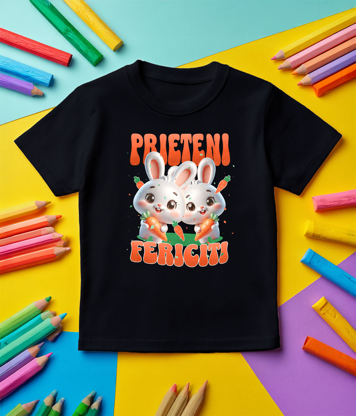 Tricou Femei, Barbati, Copii, Fata, Baiat, Unisex Personalizat "Iepuri Albi cu Morcovi - Prieteni Fericiți | Cadou Personalizat Paște" [4]