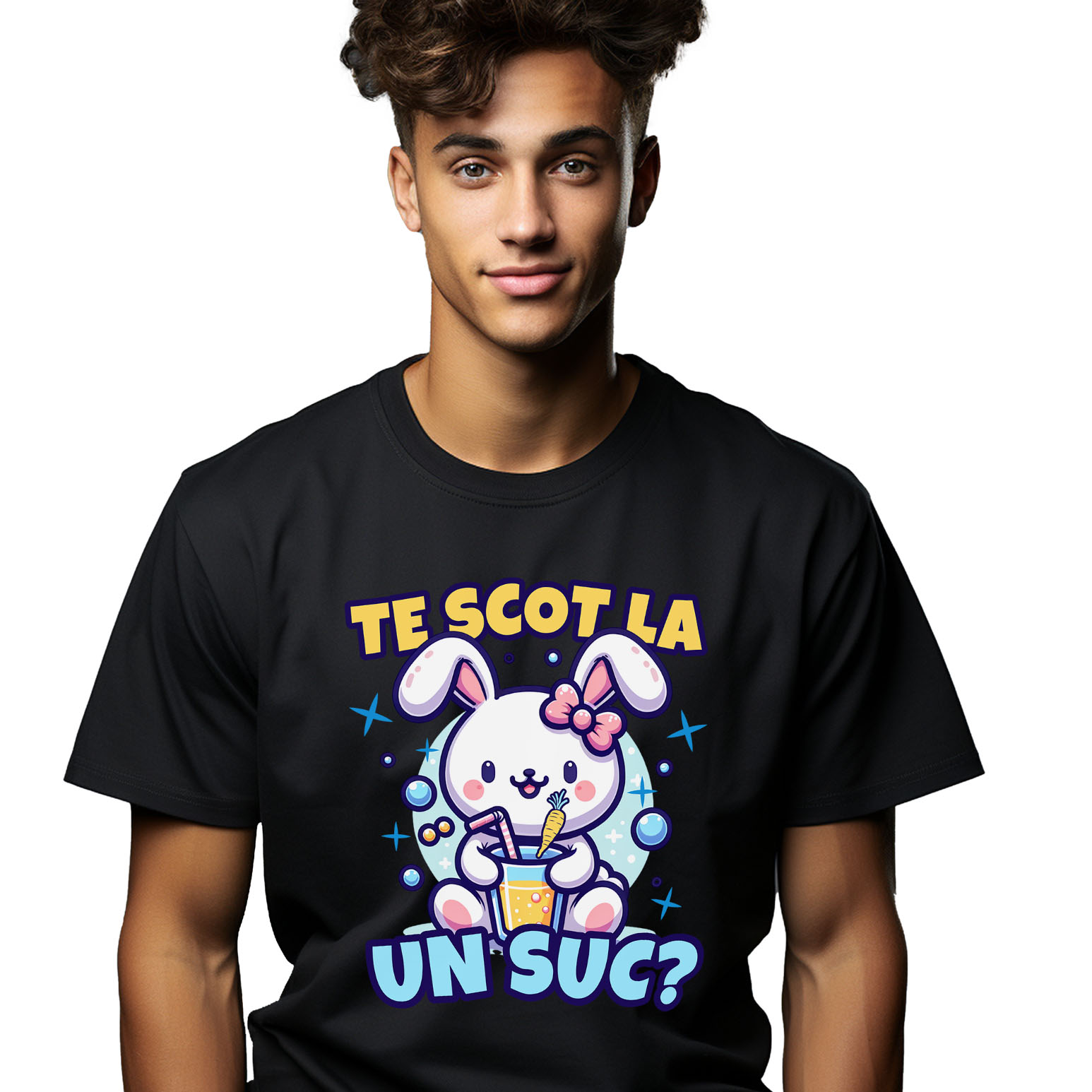 Tricou Femei, Barbati, Copii, Fata, Baiat, Unisex Personalizat "Iepure Alb cu Fundă Roz și Suc de Fructe - Cadou Amuzant pentru Copii și Prieteni"