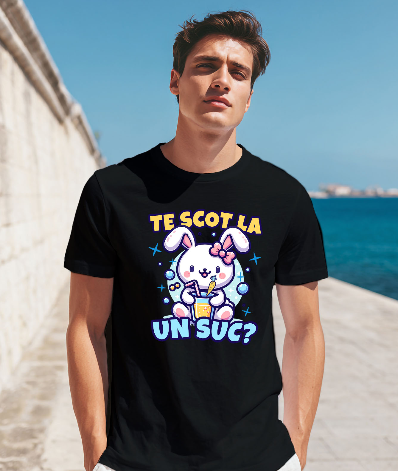 Tricou Femei, Barbati, Copii, Fata, Baiat, Unisex Personalizat "Iepure Alb cu Fundă Roz și Suc de Fructe - Cadou Amuzant pentru Copii și Prieteni" [1]