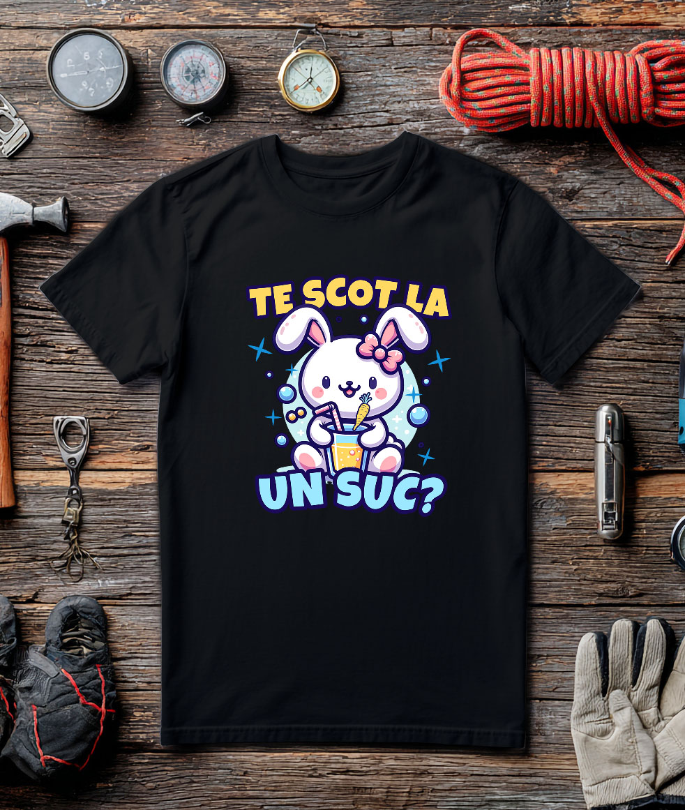 Tricou Femei, Barbati, Copii, Fata, Baiat, Unisex Personalizat "Iepure Alb cu Fundă Roz și Suc de Fructe - Cadou Amuzant pentru Copii și Prieteni" [2]