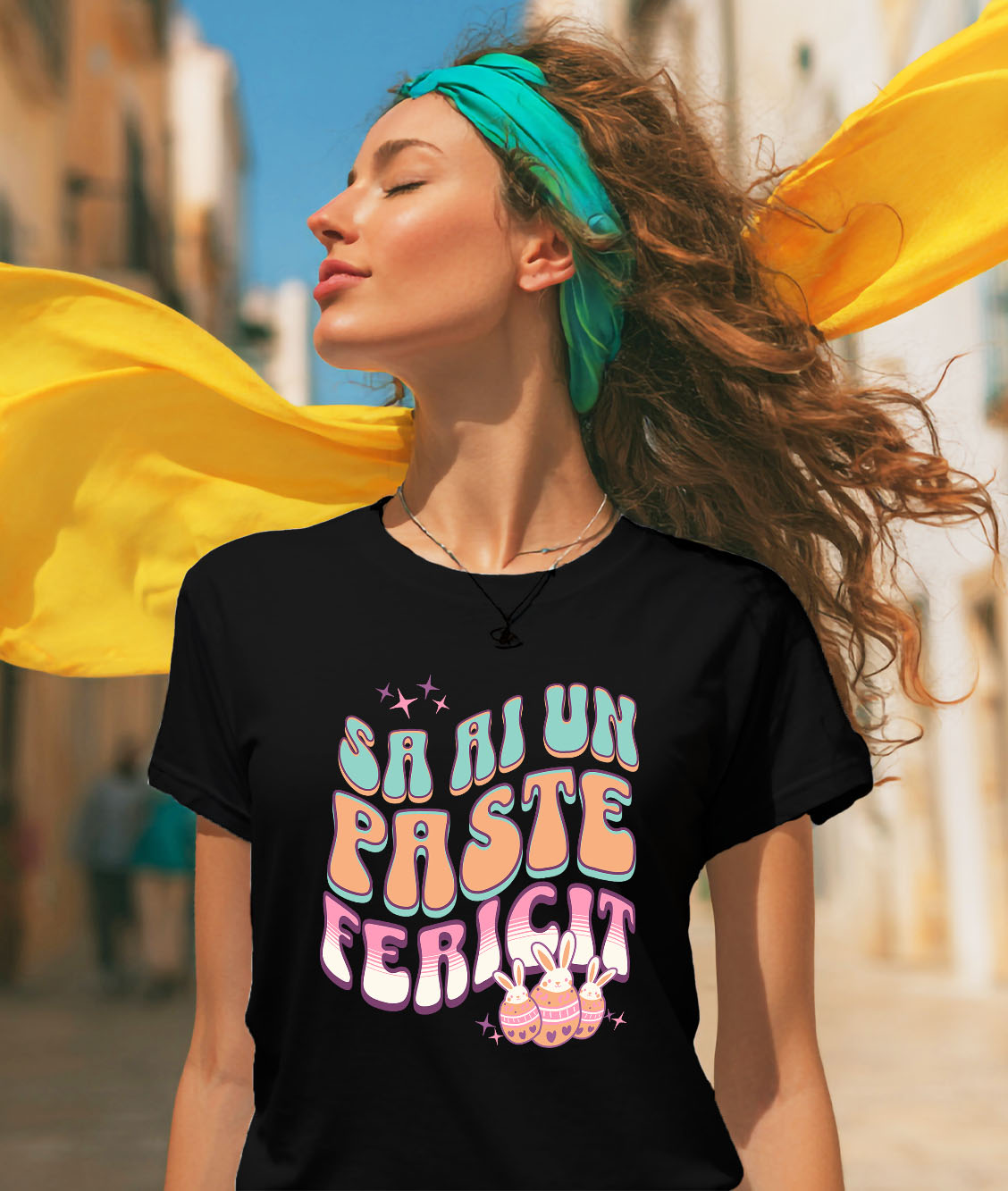 Tricou Femei, Barbati, Copii, Fata, Baiat, Unisex Personalizat "Ouă Colorate cu Iepuri Albi - Paște Fericit, Cadou de Sărbători" [1]