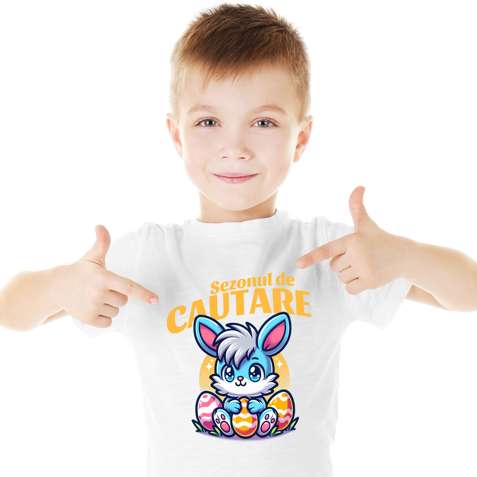 Tricou Femei, Barbati, Copii, Fata, Baiat, Unisex Personalizat "Iepure Albastru cu Freză și Ouă Colorate de Paște - Cadou pentru Copii" [1]