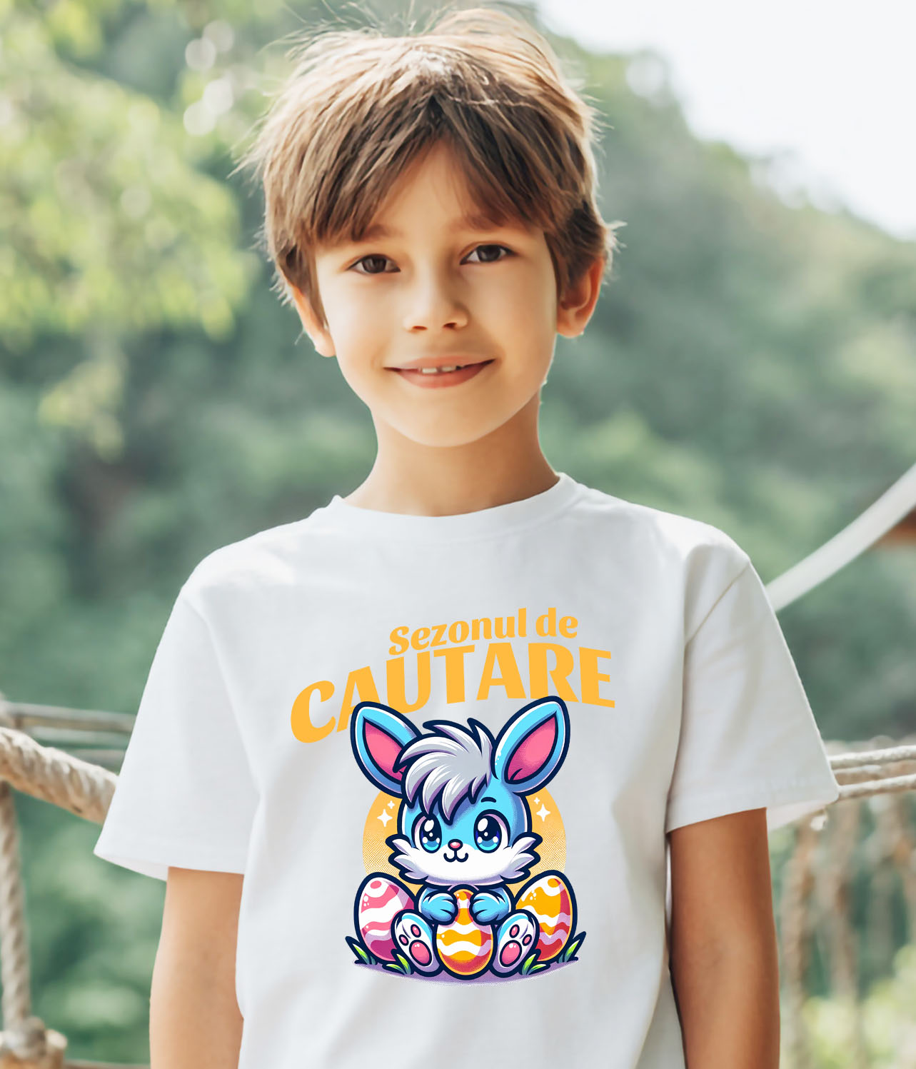 Tricou Femei, Barbati, Copii, Fata, Baiat, Unisex Personalizat "Iepure Albastru cu Freză și Ouă Colorate de Paște - Cadou pentru Copii" [3]