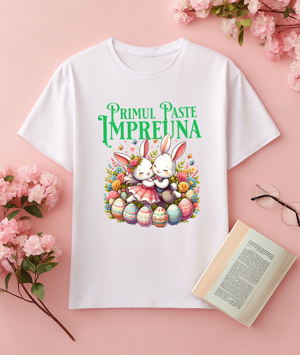 Tricou Femei, Barbati, Copii, Fata, Baiat, Unisex Personalizat "Cuplu Fericit Iepuri Îndrăgostiți cu Oua Colorate - Paște și Iubire" [2]