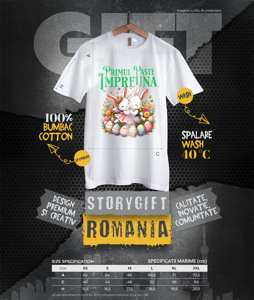 Tricou Femei, Barbati, Copii, Fata, Baiat, Unisex Personalizat "Cuplu Fericit Iepuri Îndrăgostiți cu Oua Colorate - Paște și Iubire" [3]