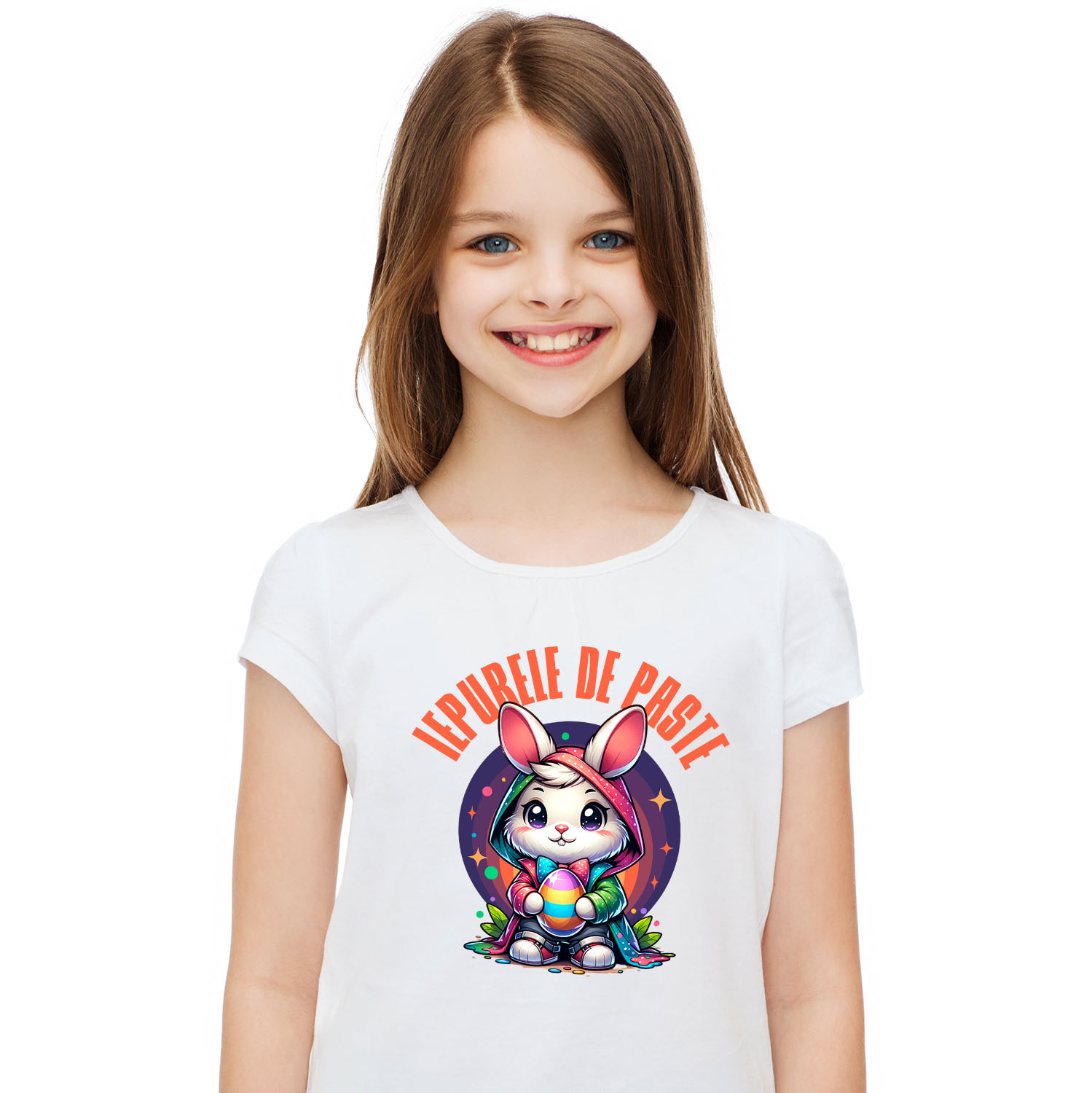 Tricou Femei, Barbati, Copii, Fata, Baiat, Unisex Personalizat "Iepure Alb Cu Pelerină Multicolor și Papion - Iepurele De Paște Perfect" [1]