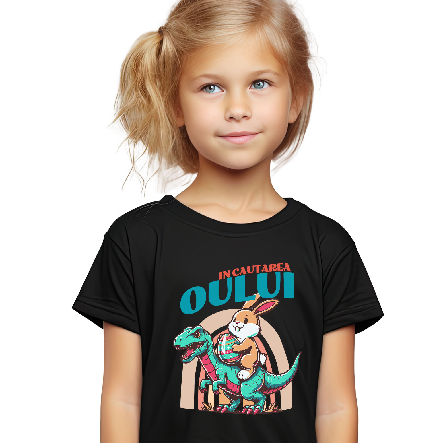 Tricou Femei, Barbati, Copii, Fata, Baiat, Unisex Personalizat "Iepure Maro Cu Oul Colorat și T-rex - Cadou Paște Creativ și Distractiv"