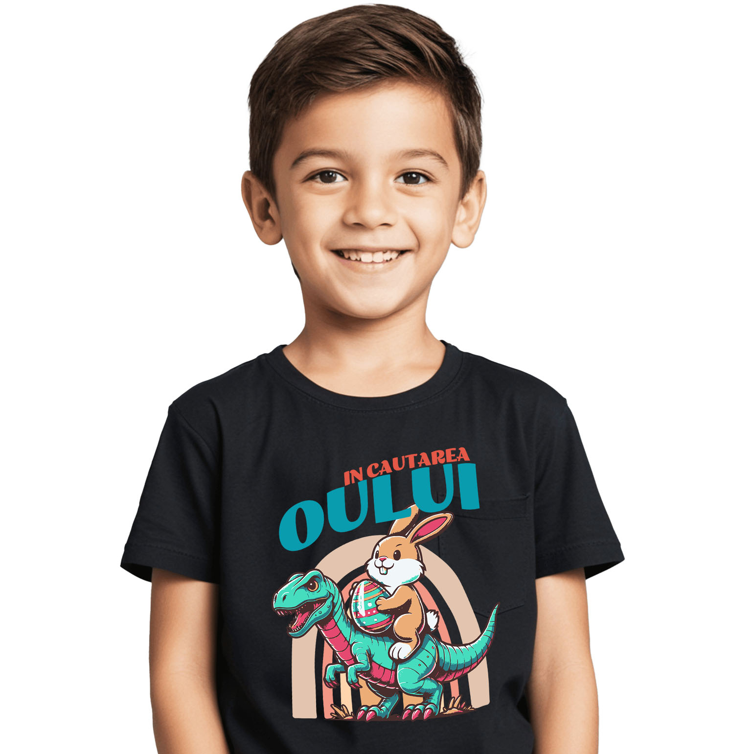 Tricou Femei, Barbati, Copii, Fata, Baiat, Unisex Personalizat "Iepure Maro Cu Oul Colorat și T-rex - Cadou Paște Creativ și Distractiv" [1]