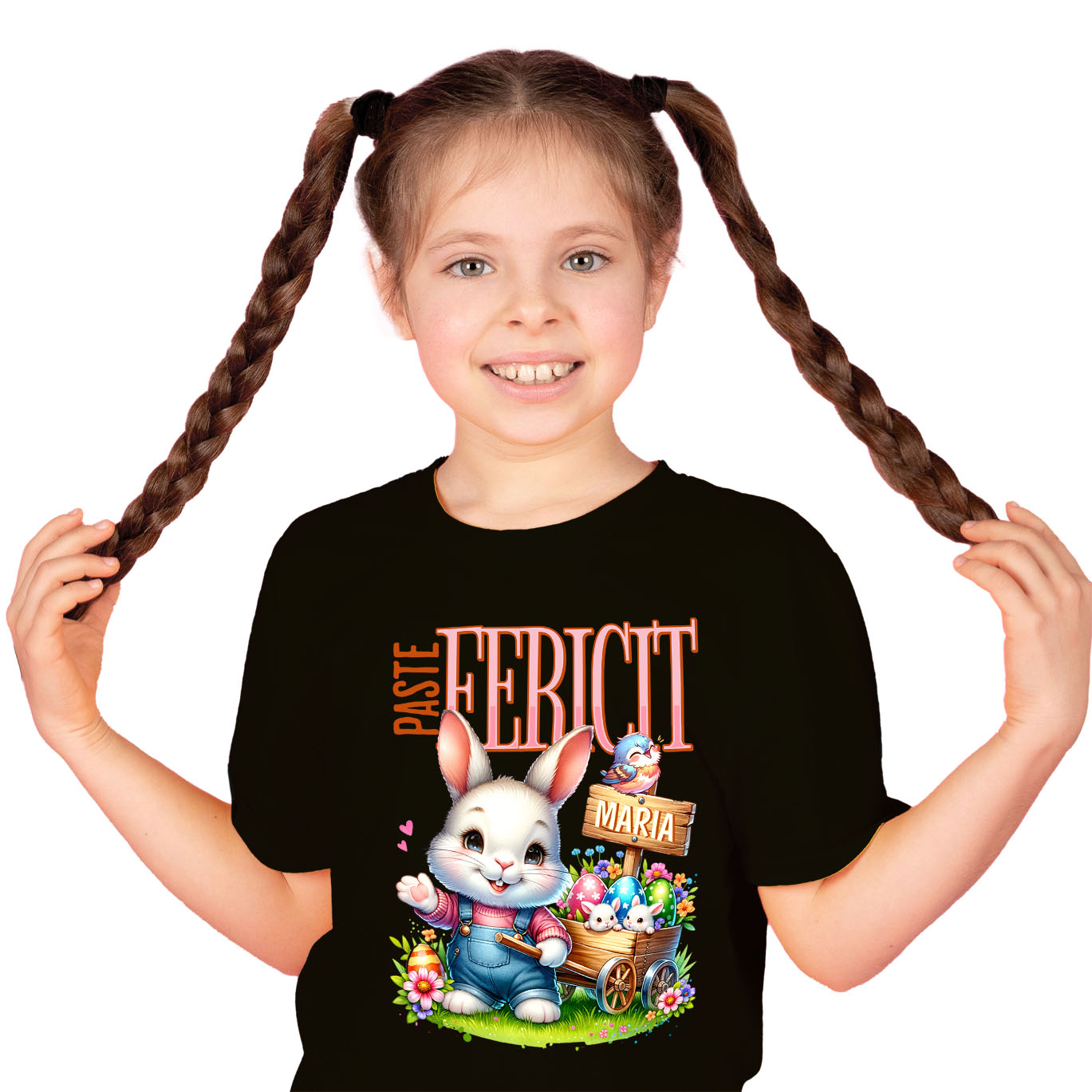 Paste - Tricou Femei, Barbati, Copii, Fata, Baiat, Unisex Personalizat "Iepure Alb Cu Salopetă De Denim și Căruț Cu Ouă Colorate - Paște Fericit Maria"