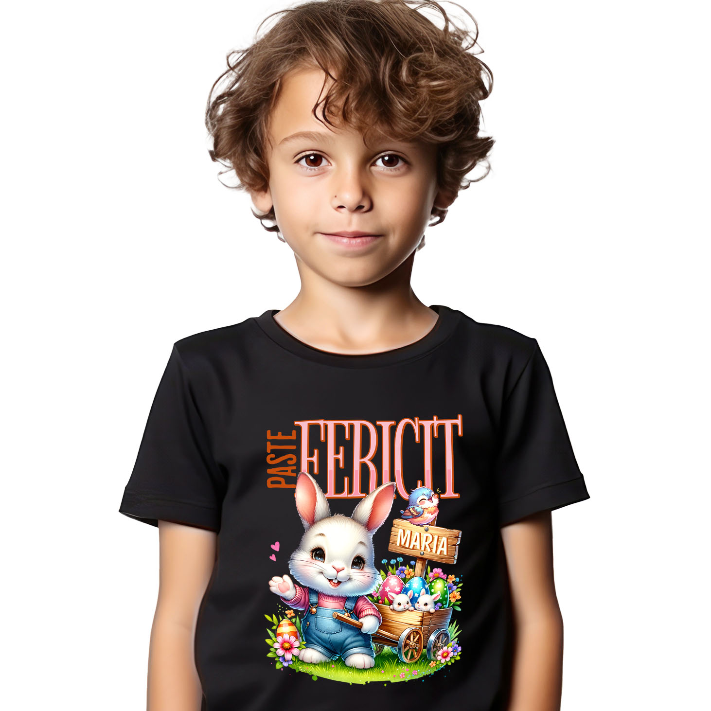 Tricou Femei, Barbati, Copii, Fata, Baiat, Unisex Personalizat "Iepure Alb Cu Salopetă De Denim și Căruț Cu Ouă Colorate - Paște Fericit Maria" [1]