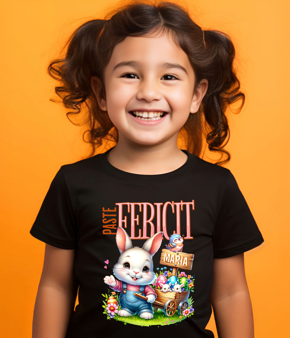 Tricou Femei, Barbati, Copii, Fata, Baiat, Unisex Personalizat "Iepure Alb Cu Salopetă De Denim și Căruț Cu Ouă Colorate - Paște Fericit Maria" [2]