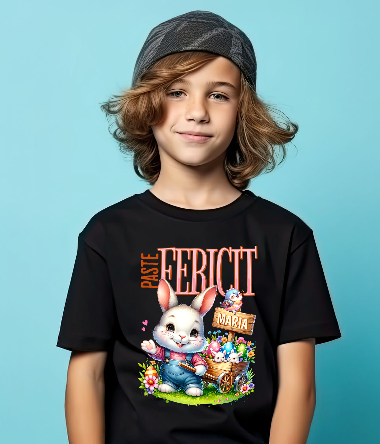 Tricou Femei, Barbati, Copii, Fata, Baiat, Unisex Personalizat "Iepure Alb Cu Salopetă De Denim și Căruț Cu Ouă Colorate - Paște Fericit Maria" [3]