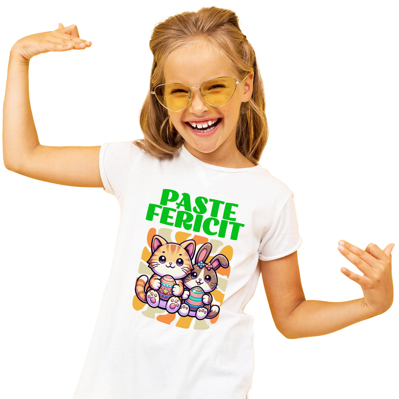 Tricou Femei, Barbati, Copii, Fata, Baiat, Unisex Personalizat "Pisica Portocalie și Iepure Cu Ouă Colorate - Paște Fericit"