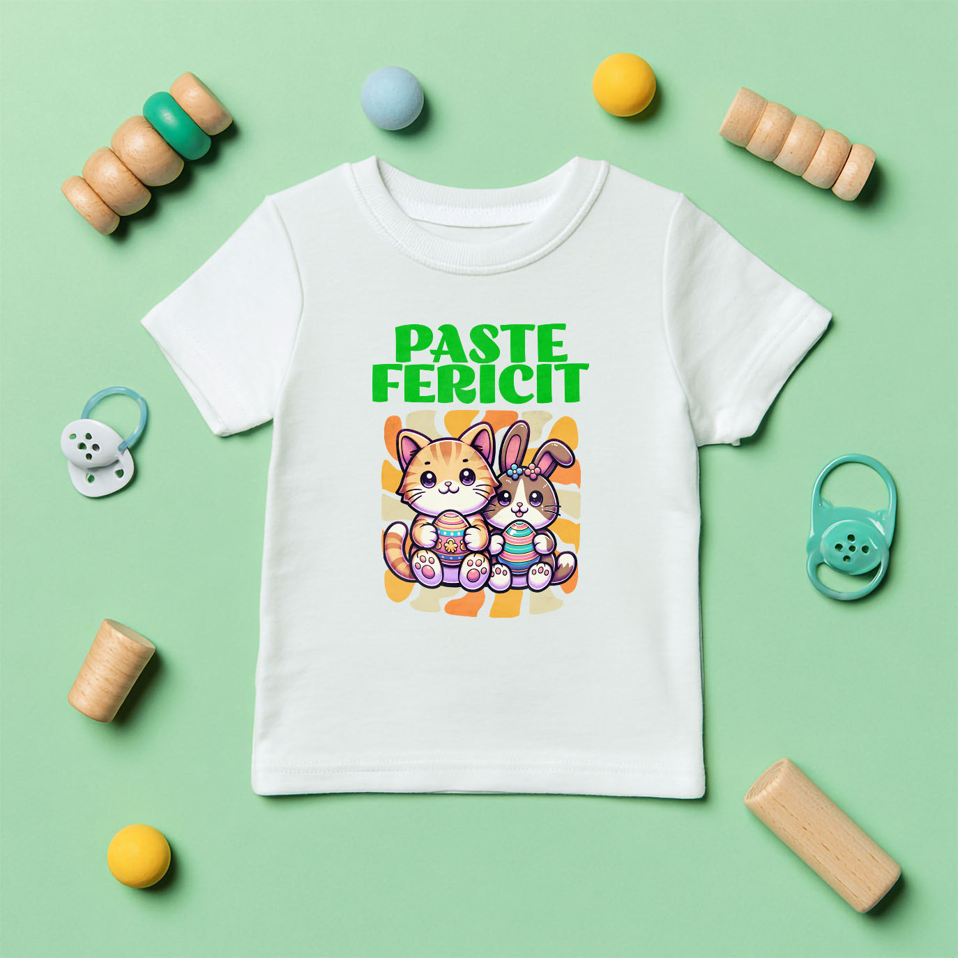 Tricou Femei, Barbati, Copii, Fata, Baiat, Unisex Personalizat "Pisica Portocalie și Iepure Cu Ouă Colorate - Paște Fericit" [4]