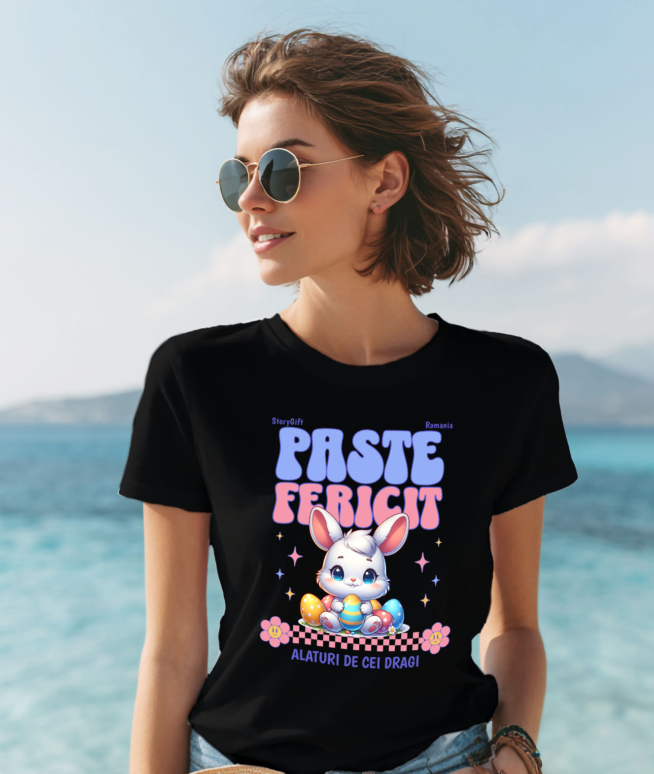 Tricou Femei, Barbati, Copii, Fata, Baiat, Unisex Personalizat "Iepure Alb Copii Cu Oua Colorate, Flori și Stele - Paște Fericit Alături De Cei Dragi" [1]