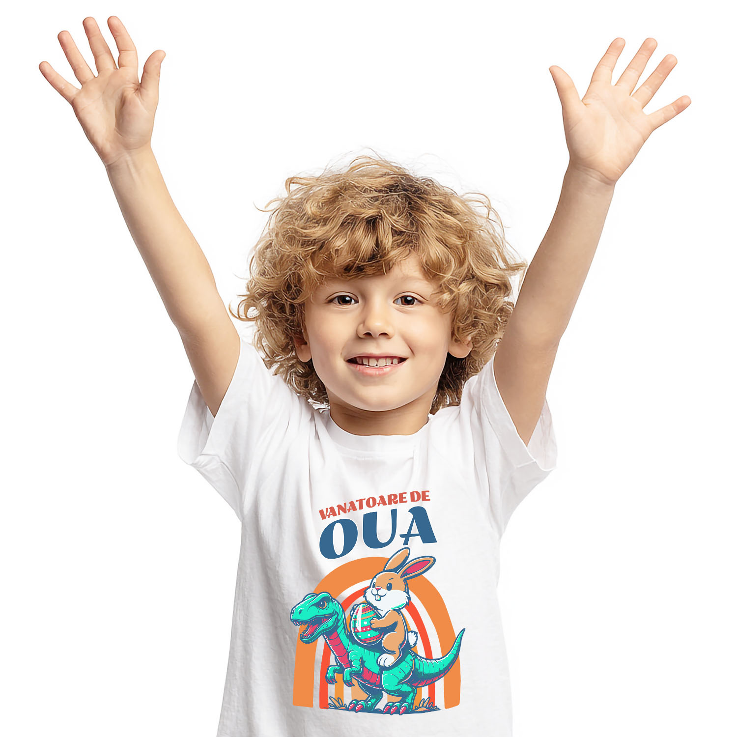 Tricou Femei, Barbati, Copii, Fata, Baiat, Unisex Personalizat "Iepurele maro cu ou colorat călărind un dinozaur T-rex aduce o notă jucăușă și veselă sărbătorilor Pascale. O imagine perfectă pentru vânătoarea de ouă Paște alături de copii și familie."