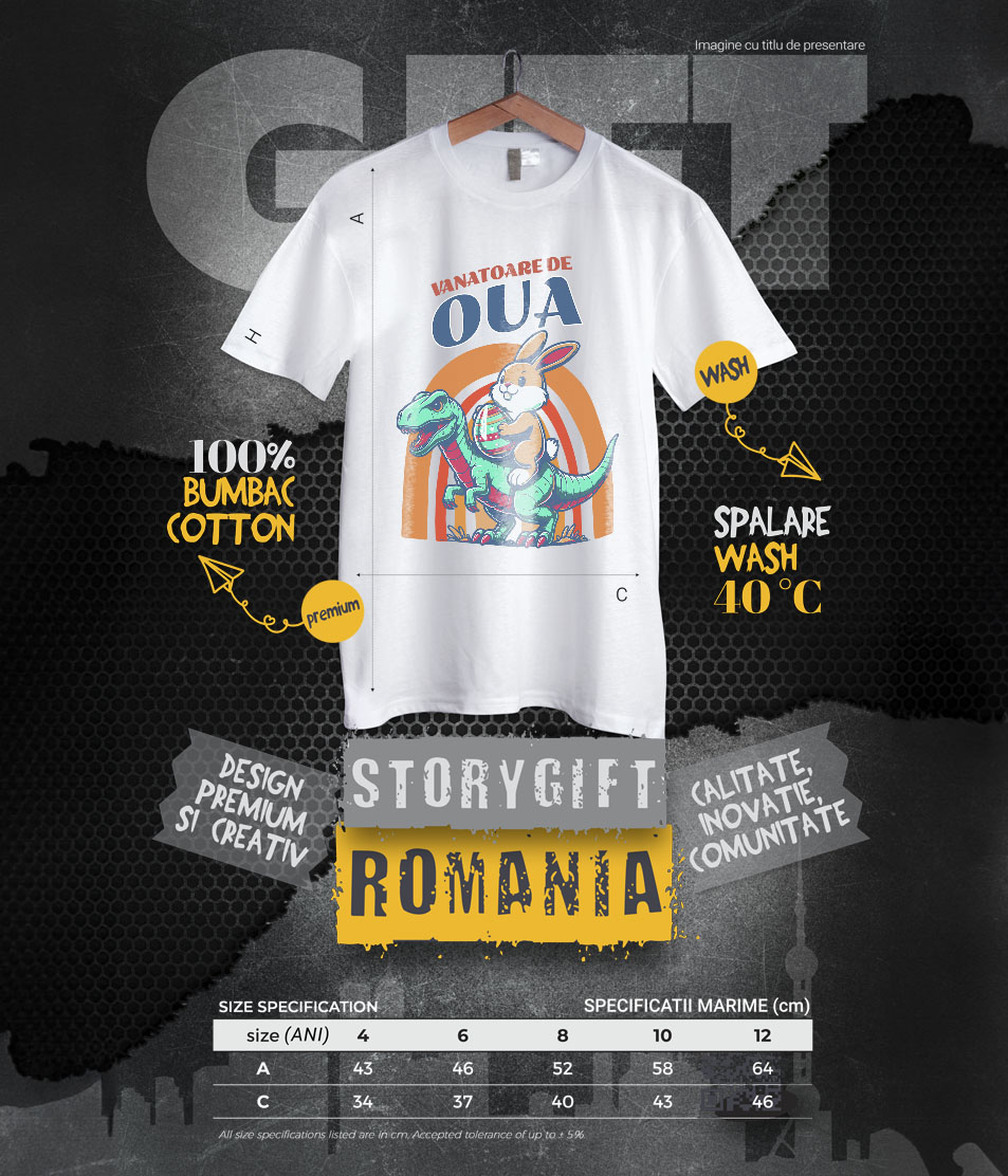 Tricou Femei, Barbati, Copii, Fata, Baiat, Unisex Personalizat "Iepurele maro cu ou colorat călărind un dinozaur T-rex aduce o notă jucăușă și veselă sărbătorilor Pascale. O imagine perfectă pentru vânătoarea de ouă Paște alături de copii și familie." [5]