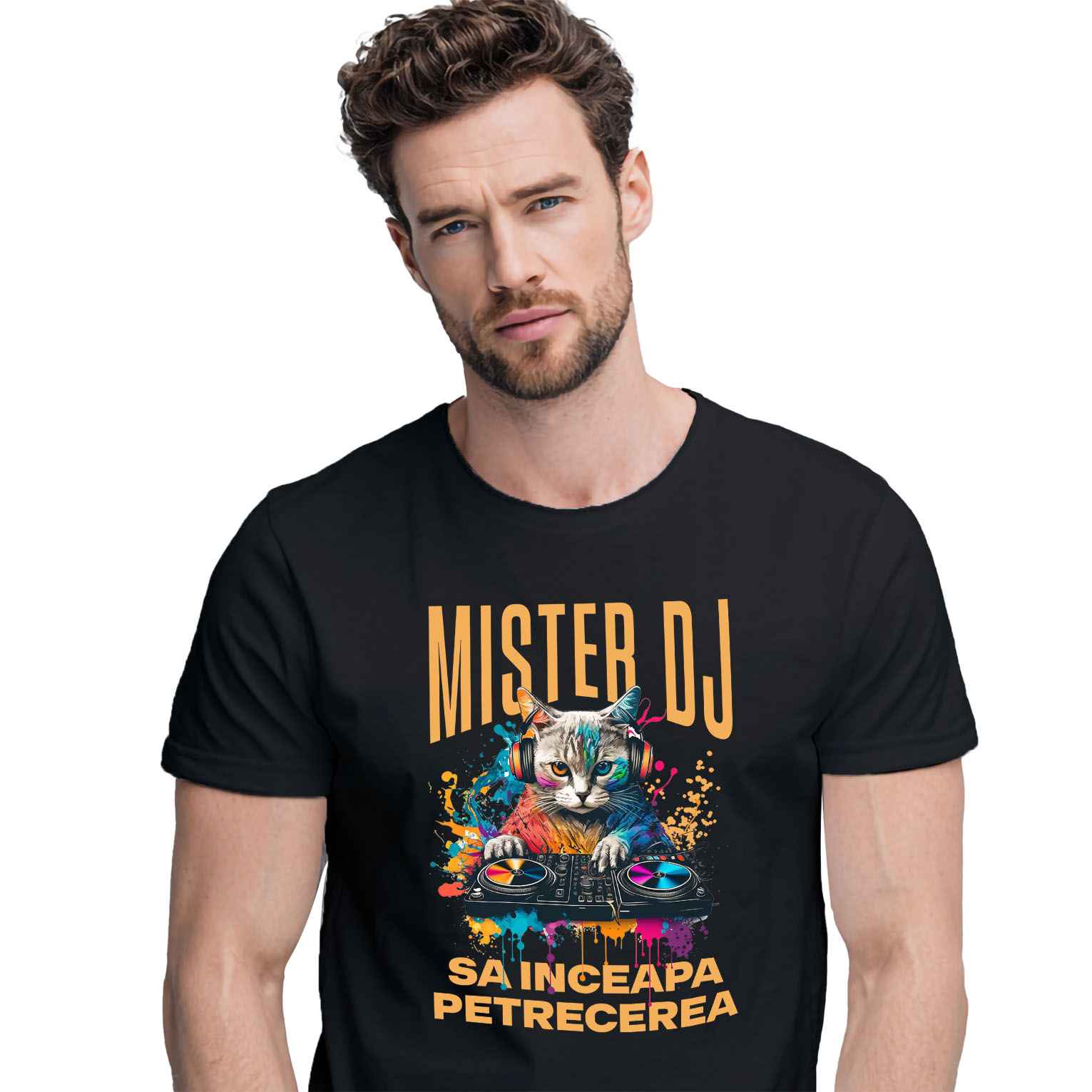 Tricou Femei, Barbati, Copii, Fata, Baiat, Unisex Personalizat "Motan DJ Cu Casti Audio - Distracție Petrecere, Muzică și Zi Aniversară"