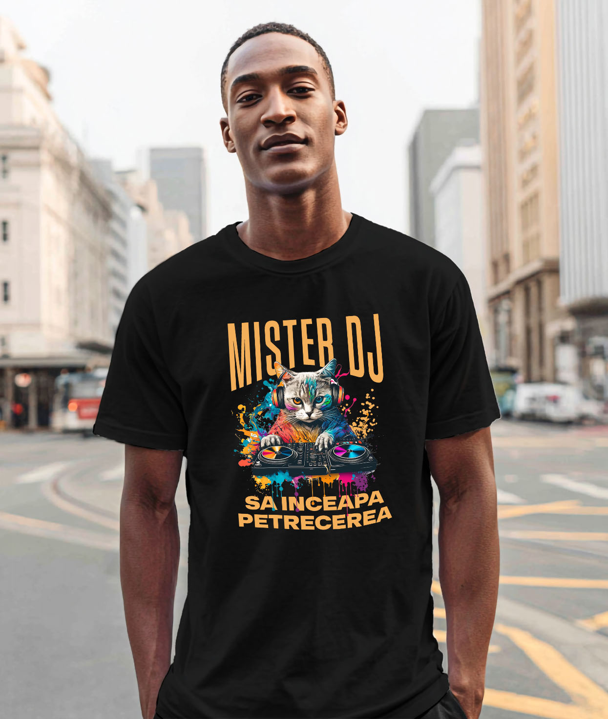 Tricou Femei, Barbati, Copii, Fata, Baiat, Unisex Personalizat "Motan DJ Cu Casti Audio - Distracție Petrecere, Muzică și Zi Aniversară" [1]