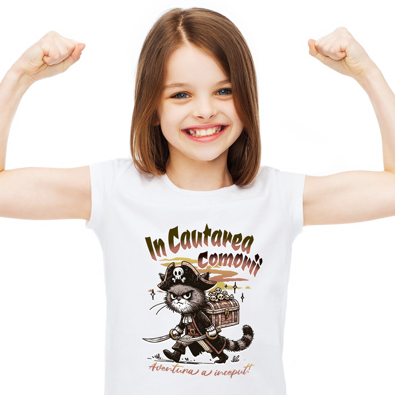 Tricou Femei, Barbati, Copii, Fata, Baiat, Unisex Personalizat "Pisica Pirat cu Pălărie și Cufăr Cranii - Aventură cu Comori pentru Copii"