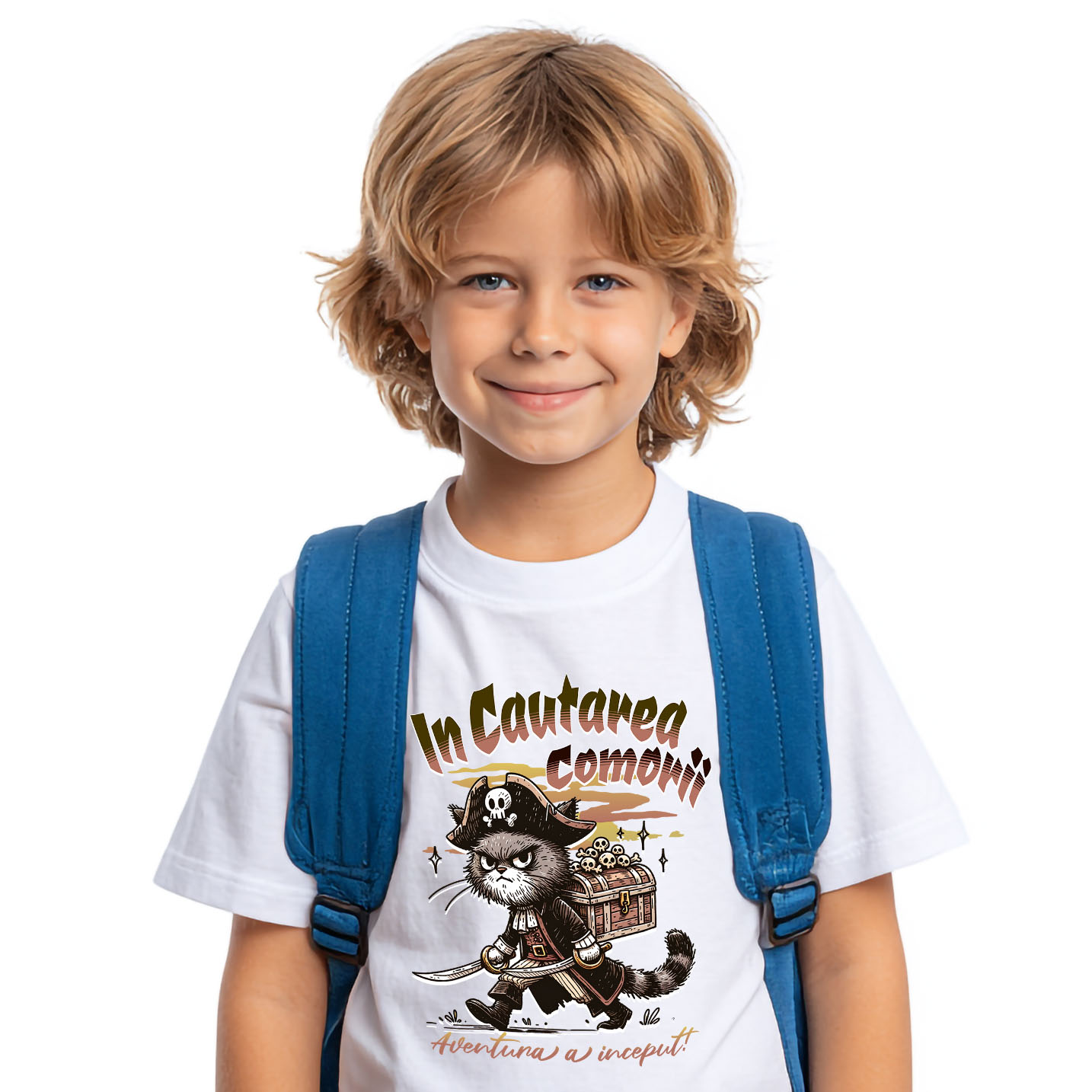 Tricou Femei, Barbati, Copii, Fata, Baiat, Unisex Personalizat "Pisica Pirat cu Pălărie și Cufăr Cranii - Aventură cu Comori pentru Copii" [1]