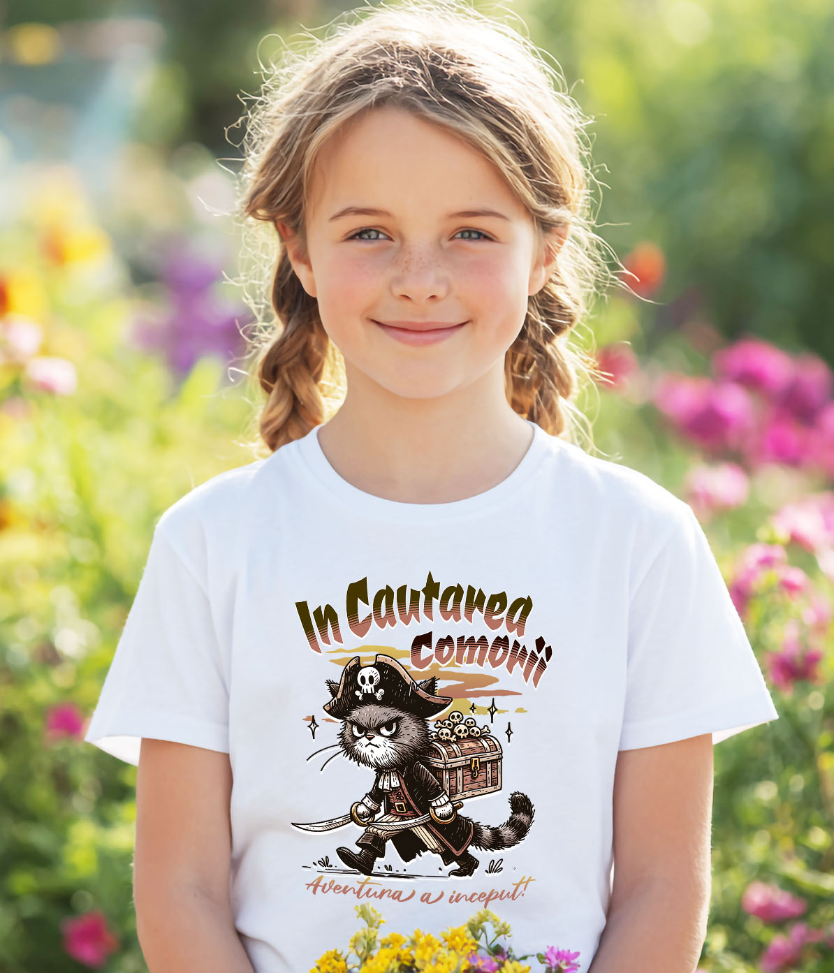 Tricou Femei, Barbati, Copii, Fata, Baiat, Unisex Personalizat "Pisica Pirat cu Pălărie și Cufăr Cranii - Aventură cu Comori pentru Copii" [2]