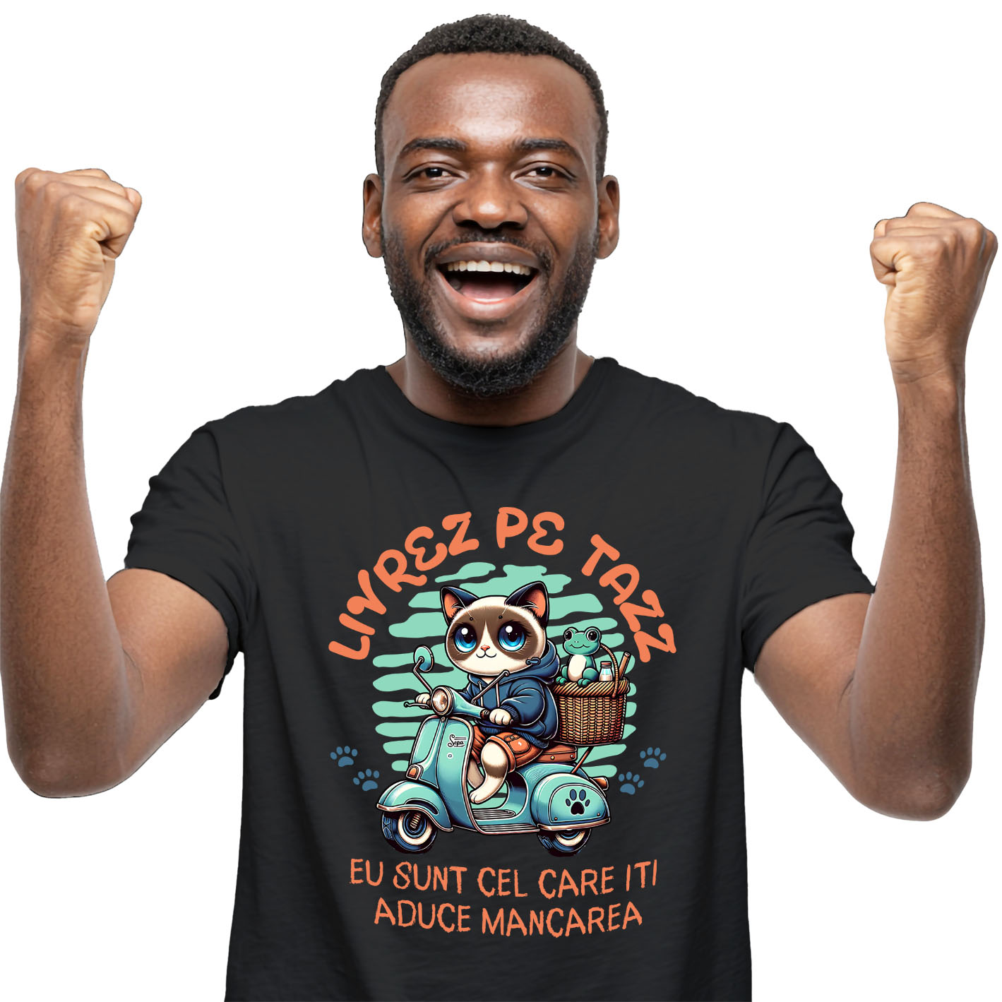 Tricou Femei, Barbati, Copii, Fata, Baiat, Unisex Personalizat "Pisica Albastră cu Cos de Picnic și Broască Țestoasă - Livrare Mâncare Tazz, Cadou Amuzant pentru Copii și Familie"