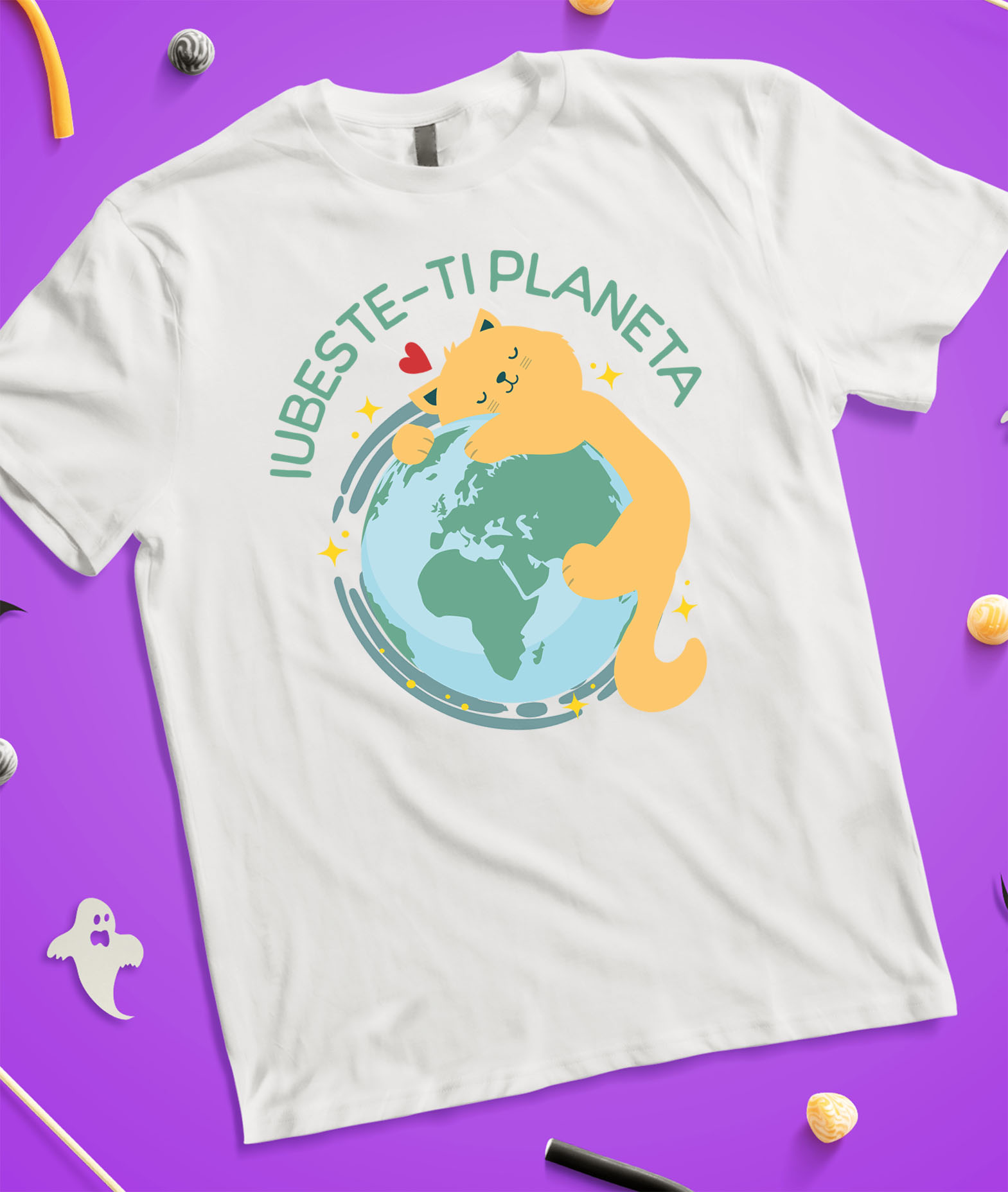 Tricou Femei, Barbati, Copii, Fata, Baiat, Unisex Personalizat "Pisica Galbenă Îmbrățișând Planeta Pământ - Iubește-ți Planeta, Cadou Ecologic pentru Familie și Copii" [2]