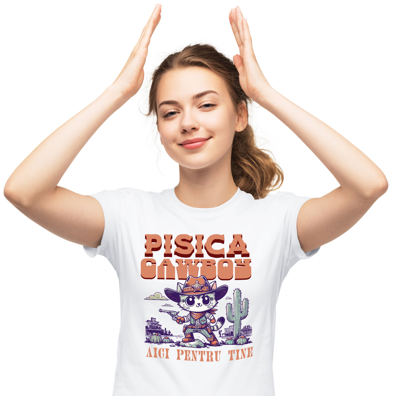 Tricou Femei, Barbati, Copii, Fata, Baiat, Unisex Personalizat "Pisica Stil Cowboy - Cadou Iubire și Sprijin Personalizat"