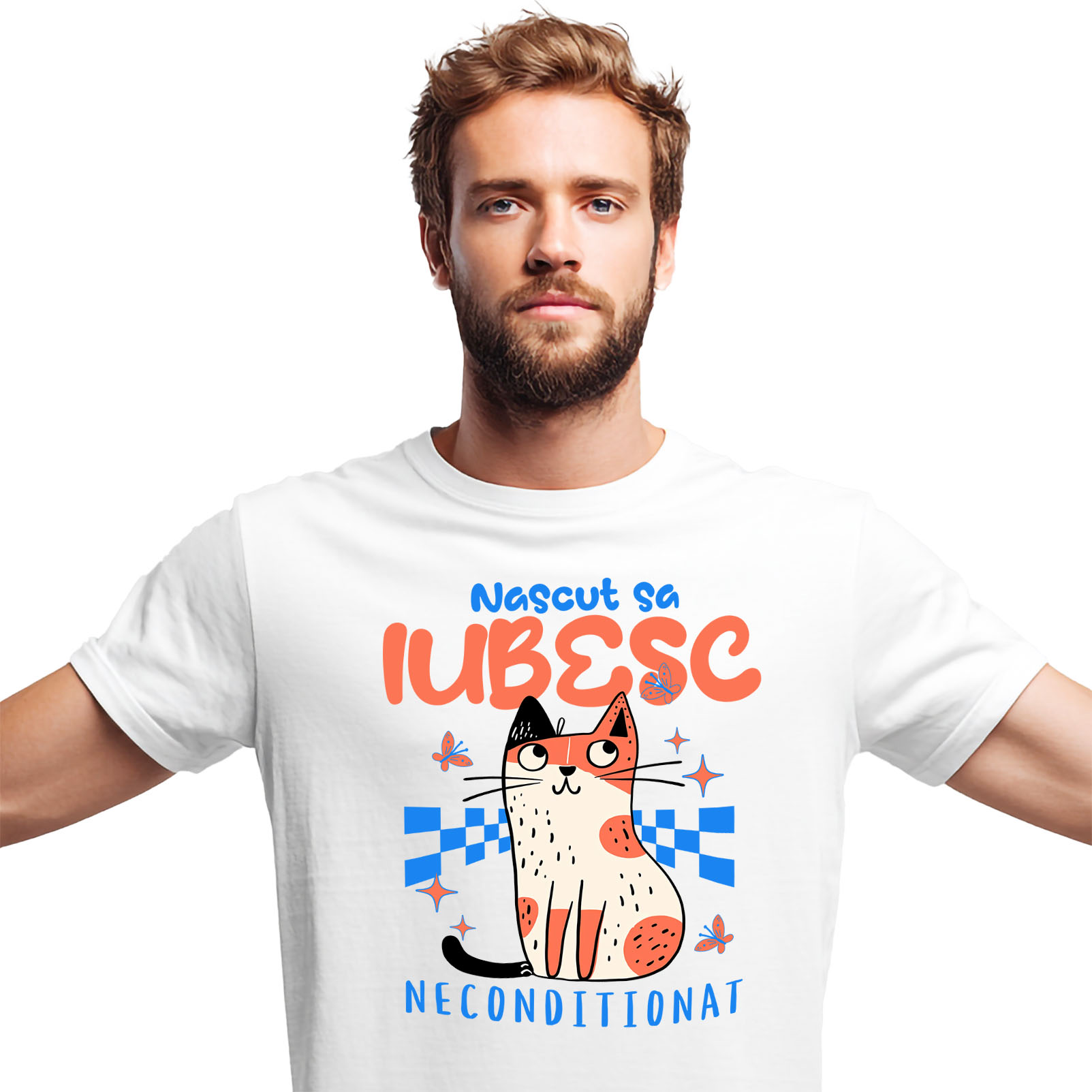 Tricou Femei, Barbati, Copii, Fata, Baiat, Unisex Personalizat "Pisica Portocalie cu Mesaj Iubire Necondiționată - Cadou pentru Iubitorii de Pisici"