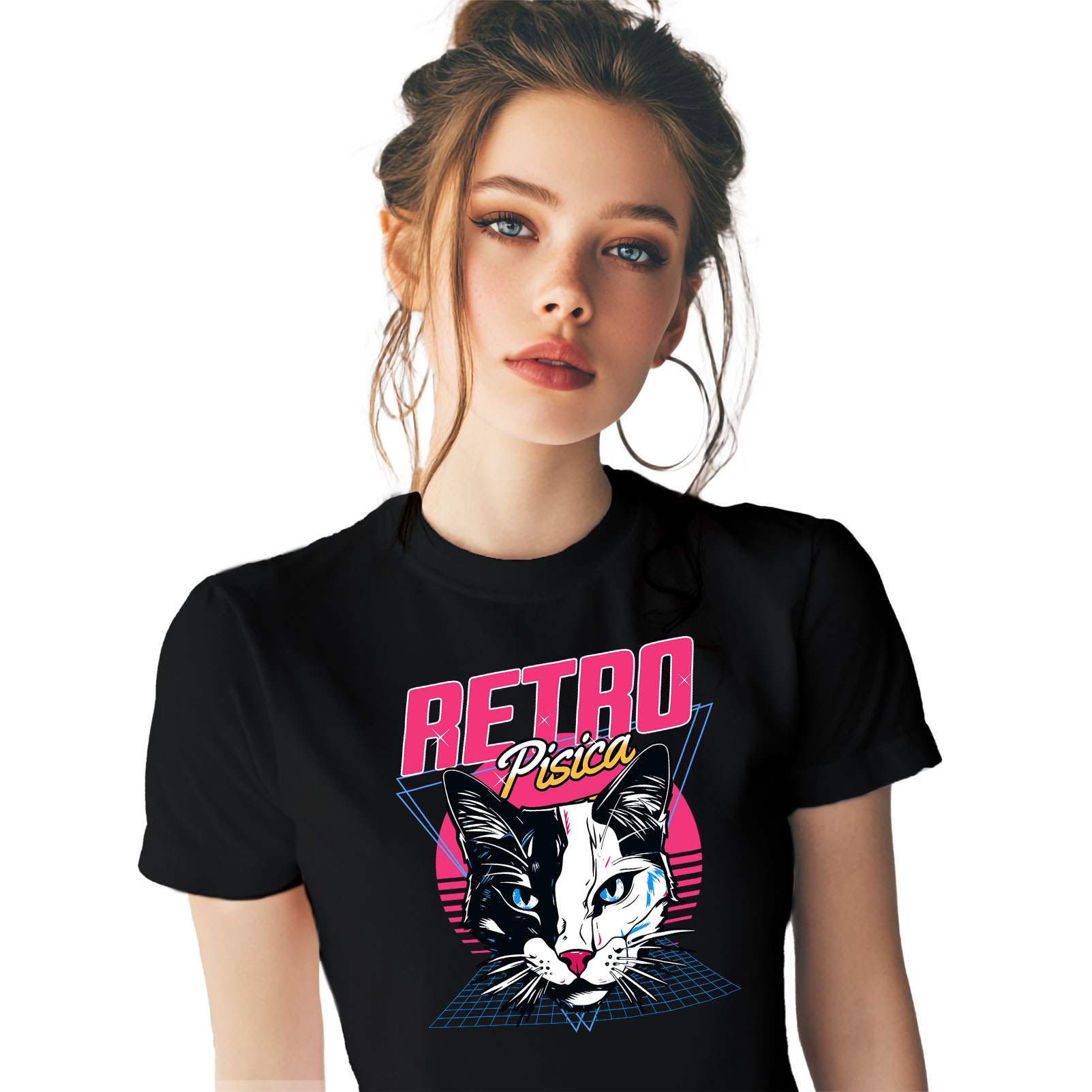 Tricou Femei, Barbati, Copii, Fata, Baiat, Unisex Personalizat Cap Pisica Alb Negru Retro - Cadou Personalizat Iubitorilor De Pisici, Familie și Prieteni