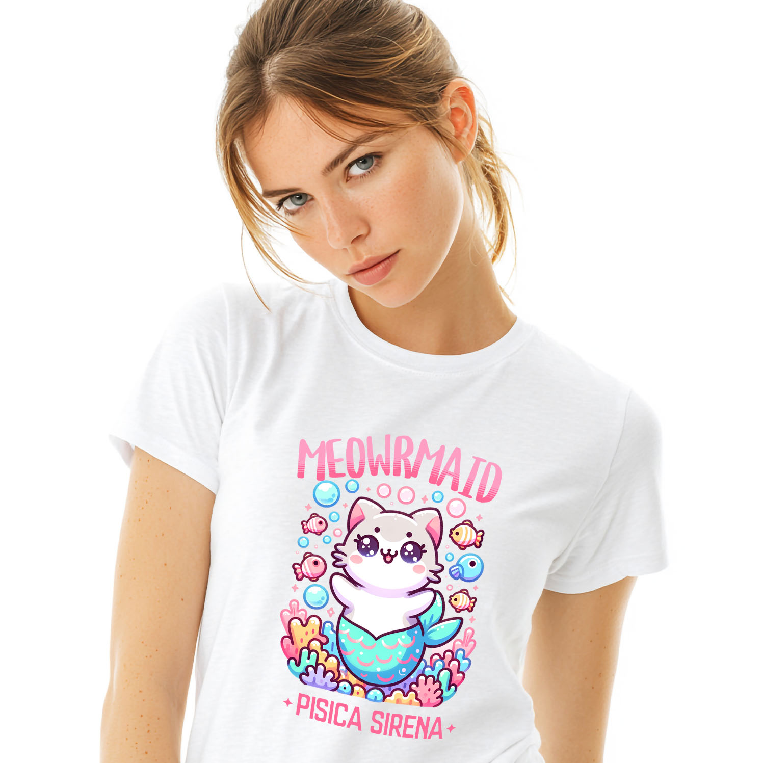 Tricouri - Tricou Femei, Barbati, Copii, Fata, Baiat, Unisex Personalizat Sirena Vesela Pisica Cu Coada Albastra – Cadou Personalizat Meowrmaid pentru Familie și Prieteni