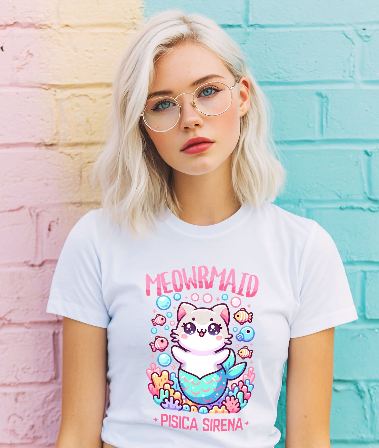 Tricou Femei, Barbati, Copii, Fata, Baiat, Unisex Personalizat Sirena Vesela Pisica Cu Coada Albastra – Cadou Personalizat Meowrmaid pentru Familie și Prieteni [1]