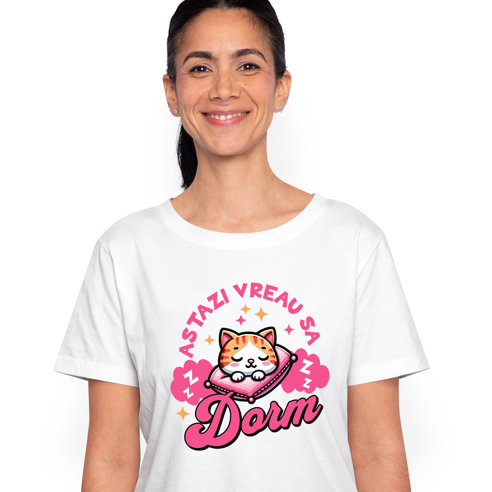 Tricouri - Tricou Femei, Barbati, Copii, Fata, Baiat, Unisex Personalizat Pisica Portocalie Pe Pernă Roz – Cadou Personalizat „Astăzi Vreau Să Dorm” pentru Iubitorii De Pisici și Somn