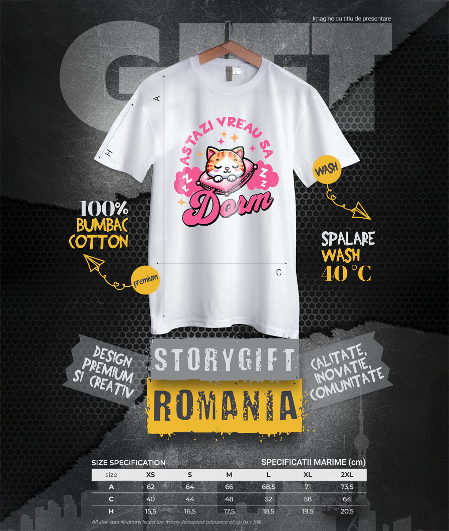 Tricou Femei, Barbati, Copii, Fata, Baiat, Unisex Personalizat Pisica Portocalie Pe Pernă Roz – Cadou Personalizat „Astăzi Vreau Să Dorm” pentru Iubitorii De Pisici și Somn [3]