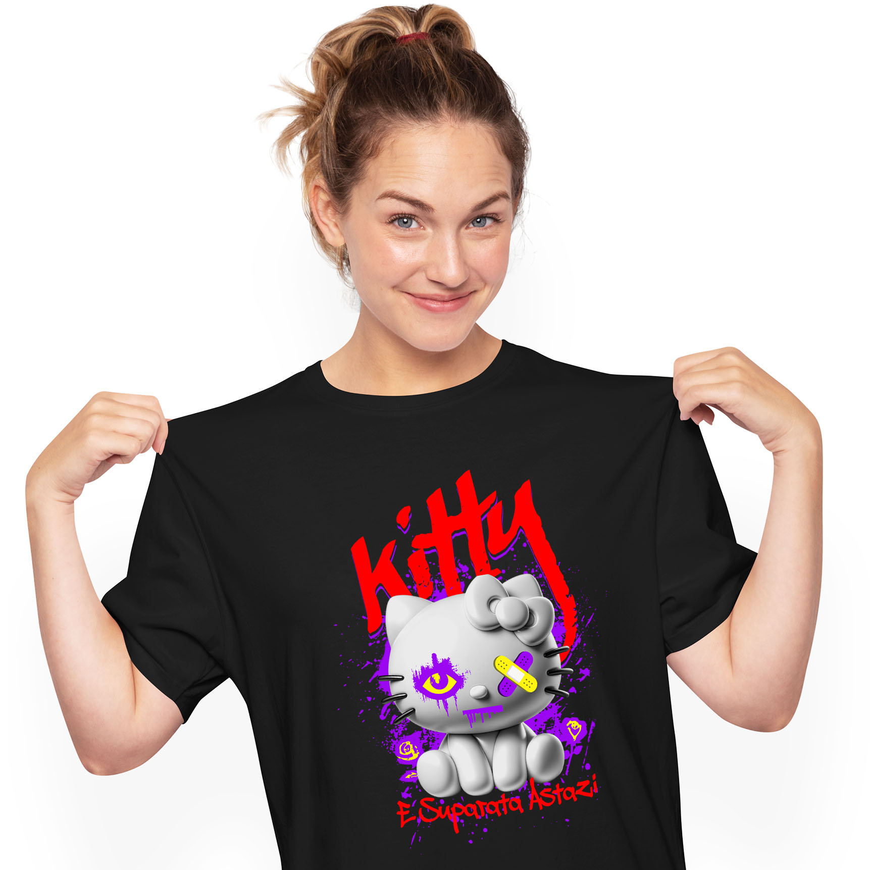 Tricouri - Tricou Femei, Barbati, Copii, Fata, Baiat, Unisex Personalizat Pisica Stil Hello Kitty Albă Cu Plasturi La Ochi – Cadou Personalizat „Kitty Supărată Astăzi” pentru Iubitorii De Pisici și Hello Kitty