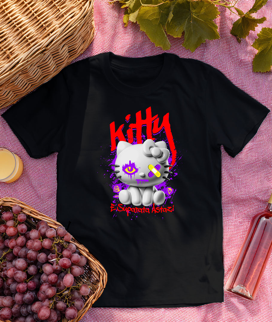 Tricou Femei, Barbati, Copii, Fata, Baiat, Unisex Personalizat Pisica Stil Hello Kitty Albă Cu Plasturi La Ochi – Cadou Personalizat „Kitty Supărată Astăzi” pentru Iubitorii De Pisici și Hello Kitty [2]