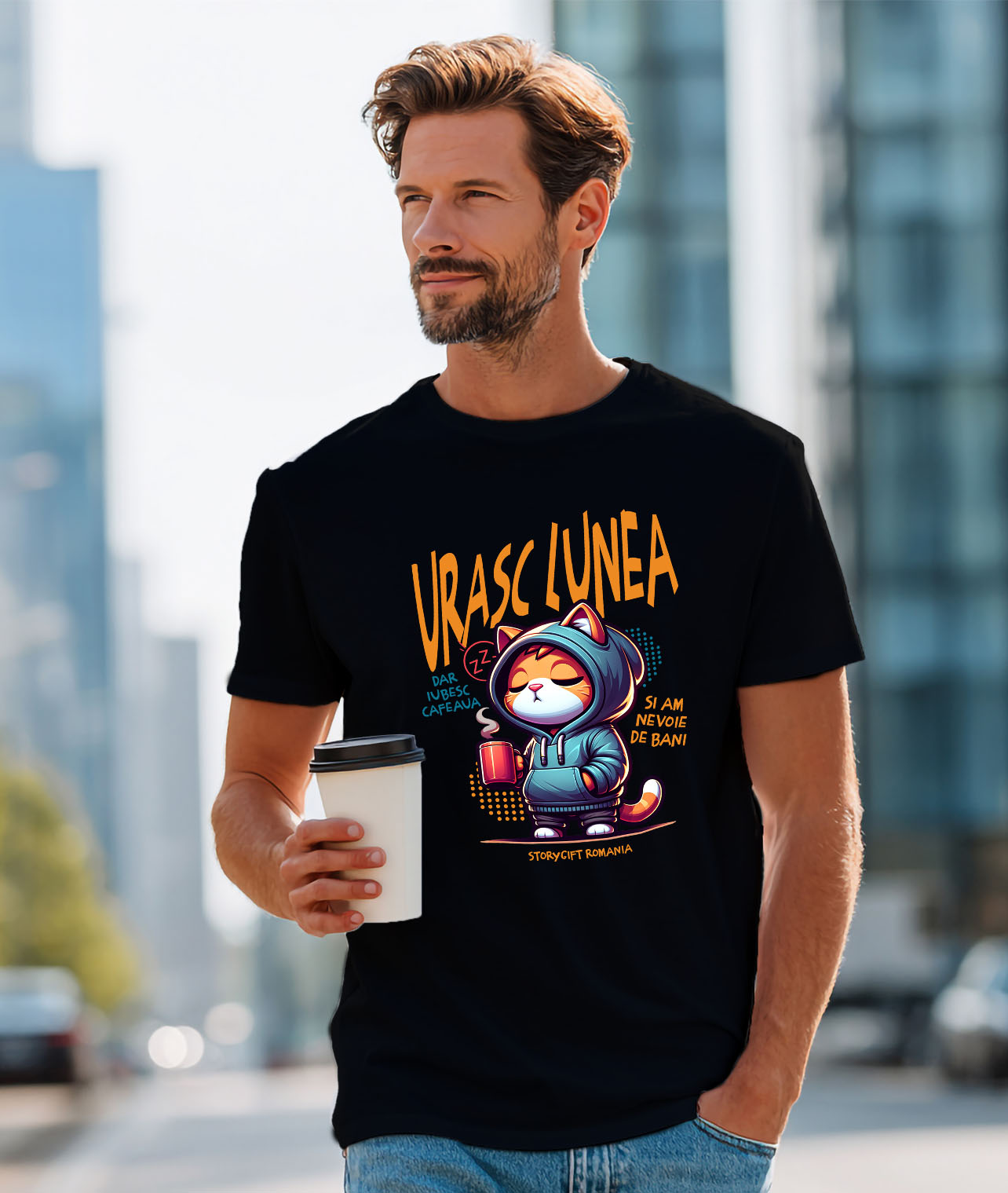 Tricou Femei, Barbati, Copii, Fata, Baiat, Unisex Personalizat Pisica Haioasă Somnoroasă Cu Cană De Cafea – Cadou Personalizat „Urașc Lunea, Iubesc Cafeaua” pentru Iubitorii De Pisici și Cafea [1]