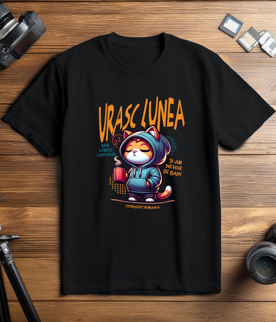 Tricou Femei, Barbati, Copii, Fata, Baiat, Unisex Personalizat Pisica Haioasă Somnoroasă Cu Cană De Cafea – Cadou Personalizat „Urașc Lunea, Iubesc Cafeaua” pentru Iubitorii De Pisici și Cafea [2]
