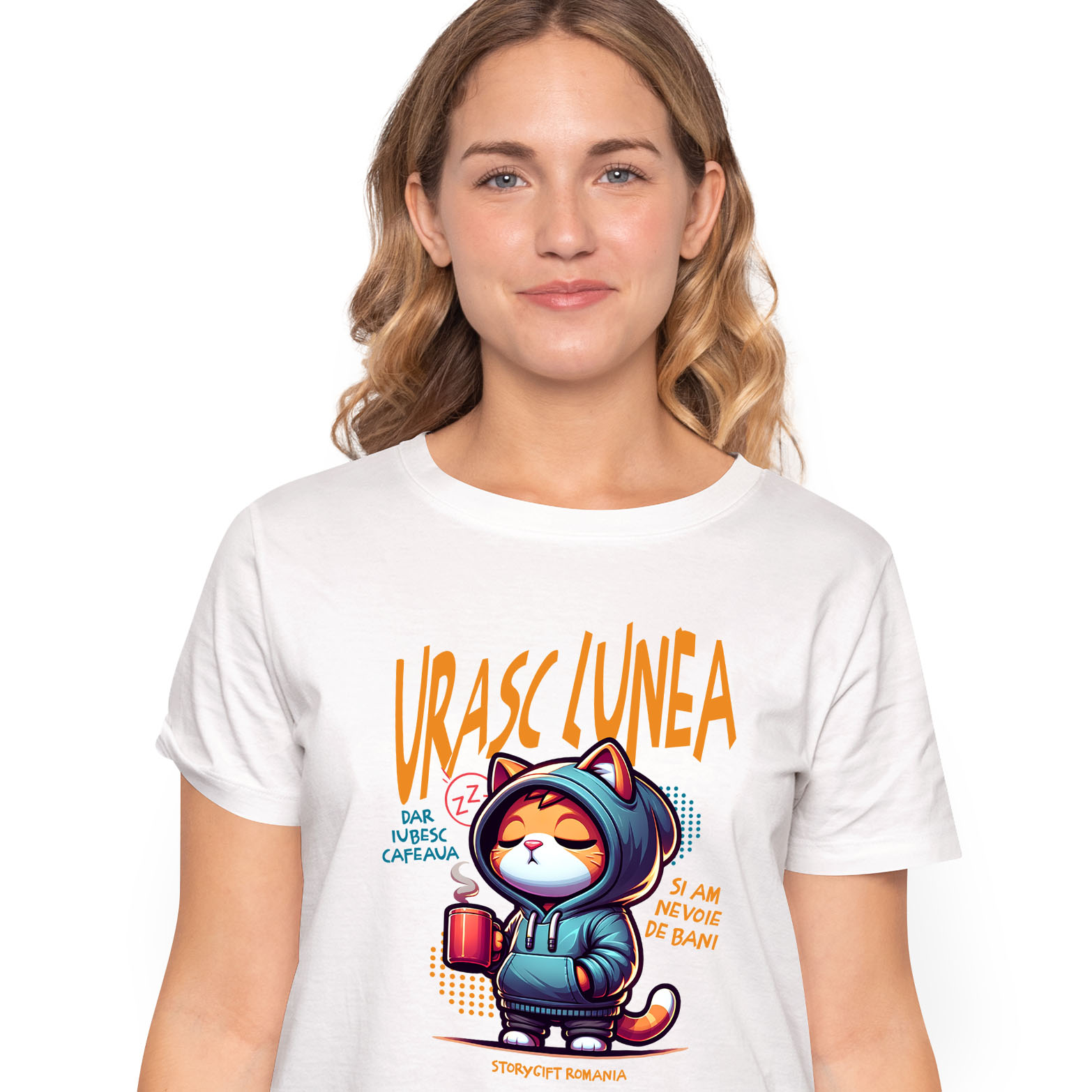 Tricou Femei, Barbati, Copii, Fata, Baiat, Unisex Personalizat Pisica Haioasă Somnoroasă Cu Cană De Cafea – Cadou Personalizat „Urașc Lunea, Iubesc Cafeaua” pentru Iubitorii De Pisici și Cafea [0]