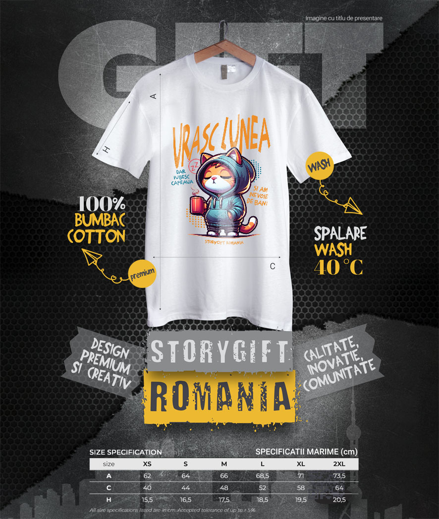 Tricou Femei, Barbati, Copii, Fata, Baiat, Unisex Personalizat Pisica Haioasă Somnoroasă Cu Cană De Cafea – Cadou Personalizat „Urașc Lunea, Iubesc Cafeaua” pentru Iubitorii De Pisici și Cafea [3]