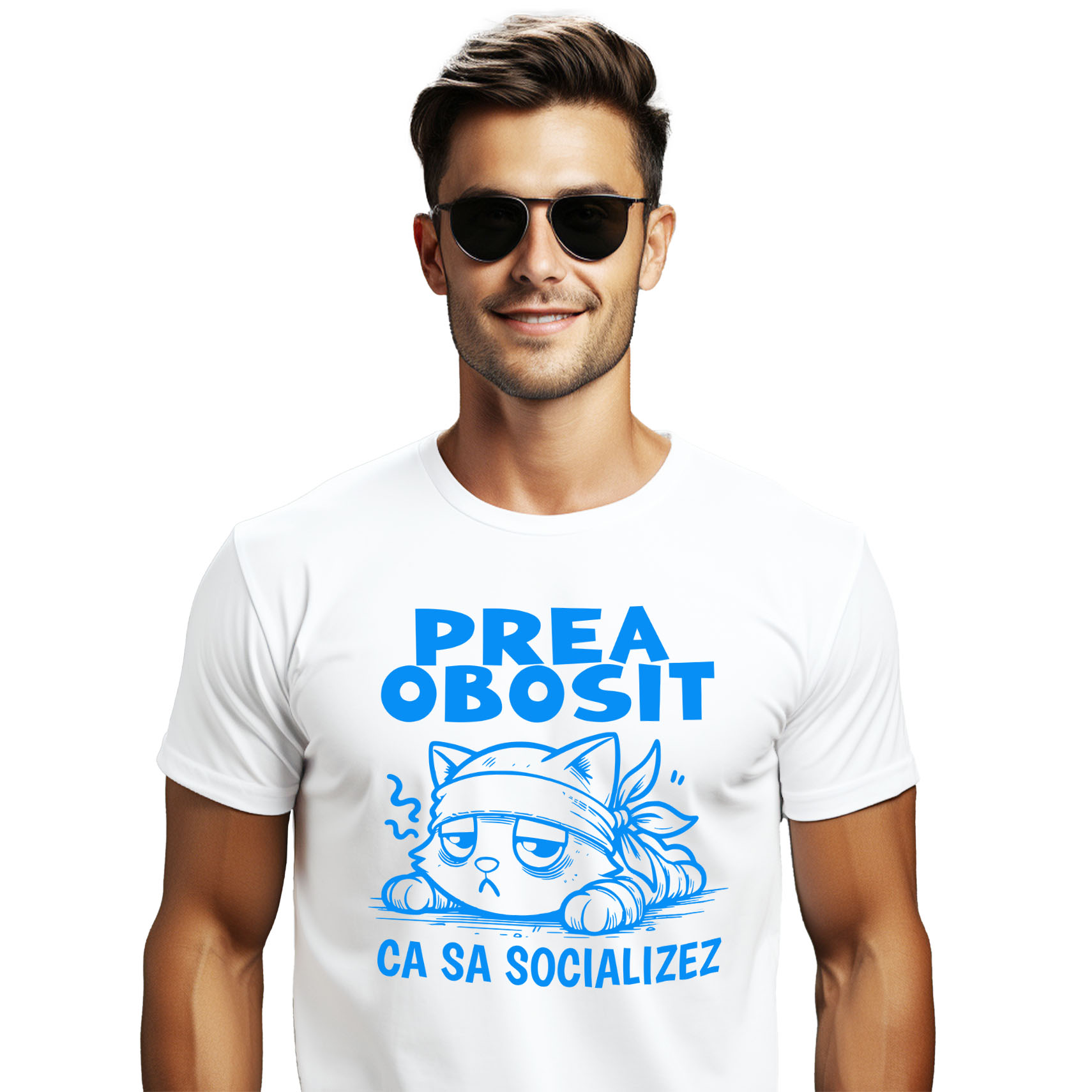 Pisici - Tricou Femei, Barbati, Copii, Fata, Baiat, Unisex Personalizat Pisica Extenuată Tristă Cu Mesaj „Prea Obosit Ca Să Socializez” – Cadou Amuzant Pentru Iubitorii De Motani